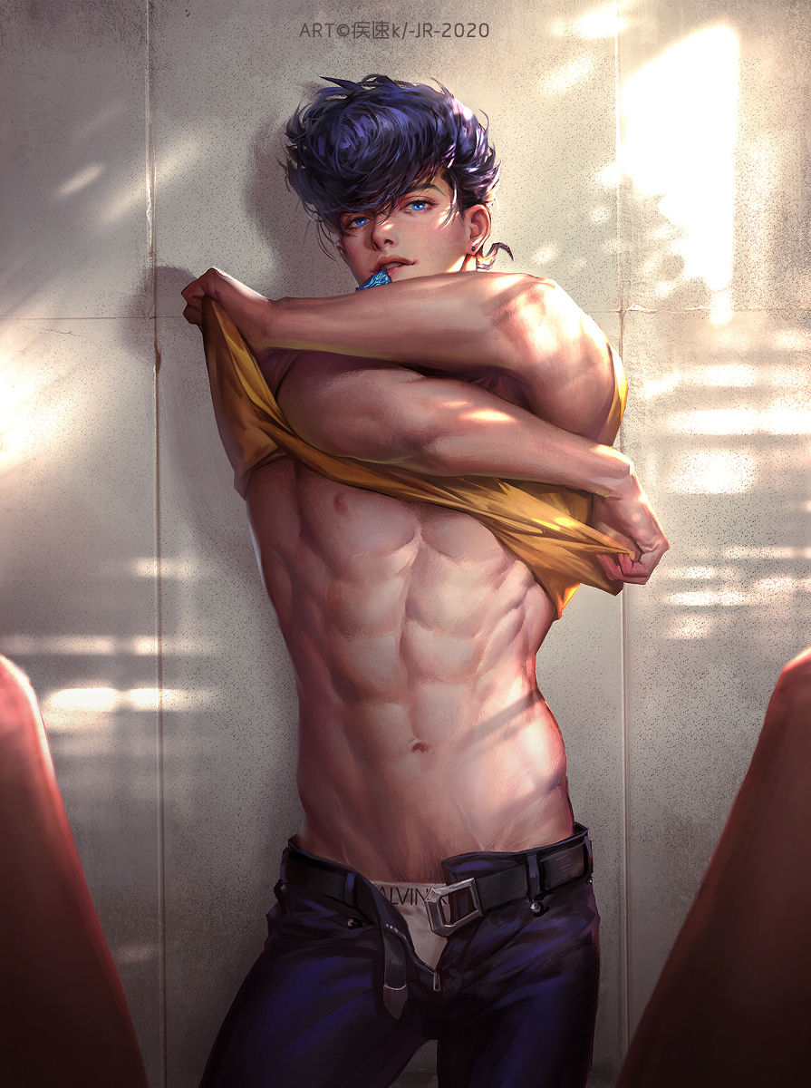 1boy cdash817 diamond_is_unbreakable jojo's_bizarre_adventure josuke_higashikata male male_only male_underwear_peek pants_open rohan_kishibe shirt_lift solo tagme undressing yaoi