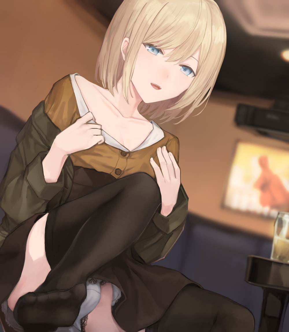 1boy, blonde hair, blue eyes, crossdressing, dress, eye contact, femboy, girly, male, male only, panties, sunaba (nczd5875), tagme, trap