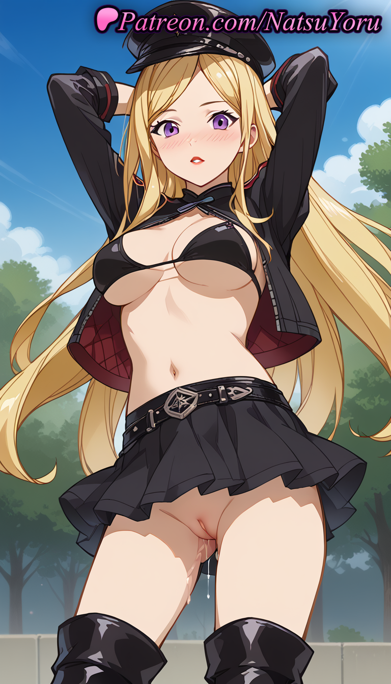 1girls ai_generated anime anime_style arms_behind_head arms_up ass_visible_through_thighs bangs belt bikini bikini_top bikini_top_only bishamon bishamon_(noragami) black_belt black_bikini black_footwear black_headwear black_jacket black_skirt black_thighhighs blonde_hair blue_sky blush boots breasts bust busty cleavage cleft_of_venus cloud cowboy_shot cropped_jacket day female female_focus female_only female_solo hat hentai jacket labia large_breasts lipstick long_hair long_sleeves looking_at_viewer makeup medium_breasts microskirt miniskirt multicolored_jacket natsuyoru navel no_panties noragami open_clothes open_jacket outdoors parted_bangs parted_lips peaked_cap pleated_skirt purple_eyes pussy pussy_juice pussy_juice_trail red_lips shrug_(clothing) skirt sky solo solo_female standing stomach swimsuit thigh_boots thighhighs thighs tree two-sided_fabric two-tone_jacket uncensored underboob upskirt vagina very_long_hair voluptuous voluptuous_female