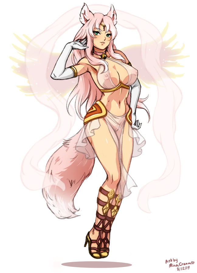 1girls, areolae, artist name, big breasts, breasts, clothing, dated, female, female only, goddess, hair, long hair, minacream, nipples, pink hair, pussy, solo, tail