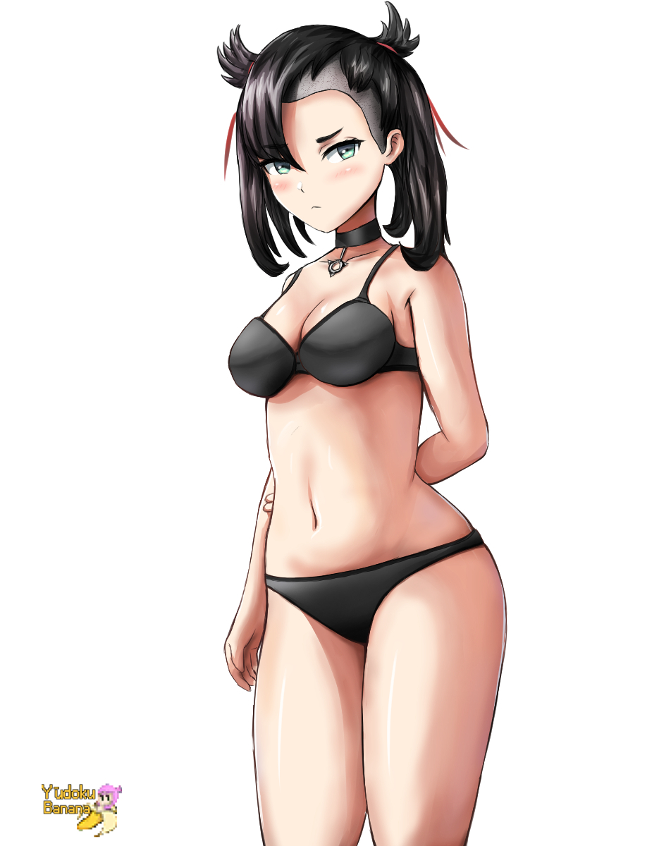 1girls, abs, alternate breast size, aqua eyes, belly, belly button, black hair, blush, bra, breasts, choker, clothed, eye contact, eyelashes, eyes, female, green eyes, hair over one eye, half-closed eyes, human, human only, lingerie, looking at viewer, marnie (pokemon), navel, nintendo, panties, pokemon, pokemon ss, pose, purple hair, ribbon, solo, thick thighs, tied hair, twintails, undercut, underwear, white background, wide hips, yudoku banana