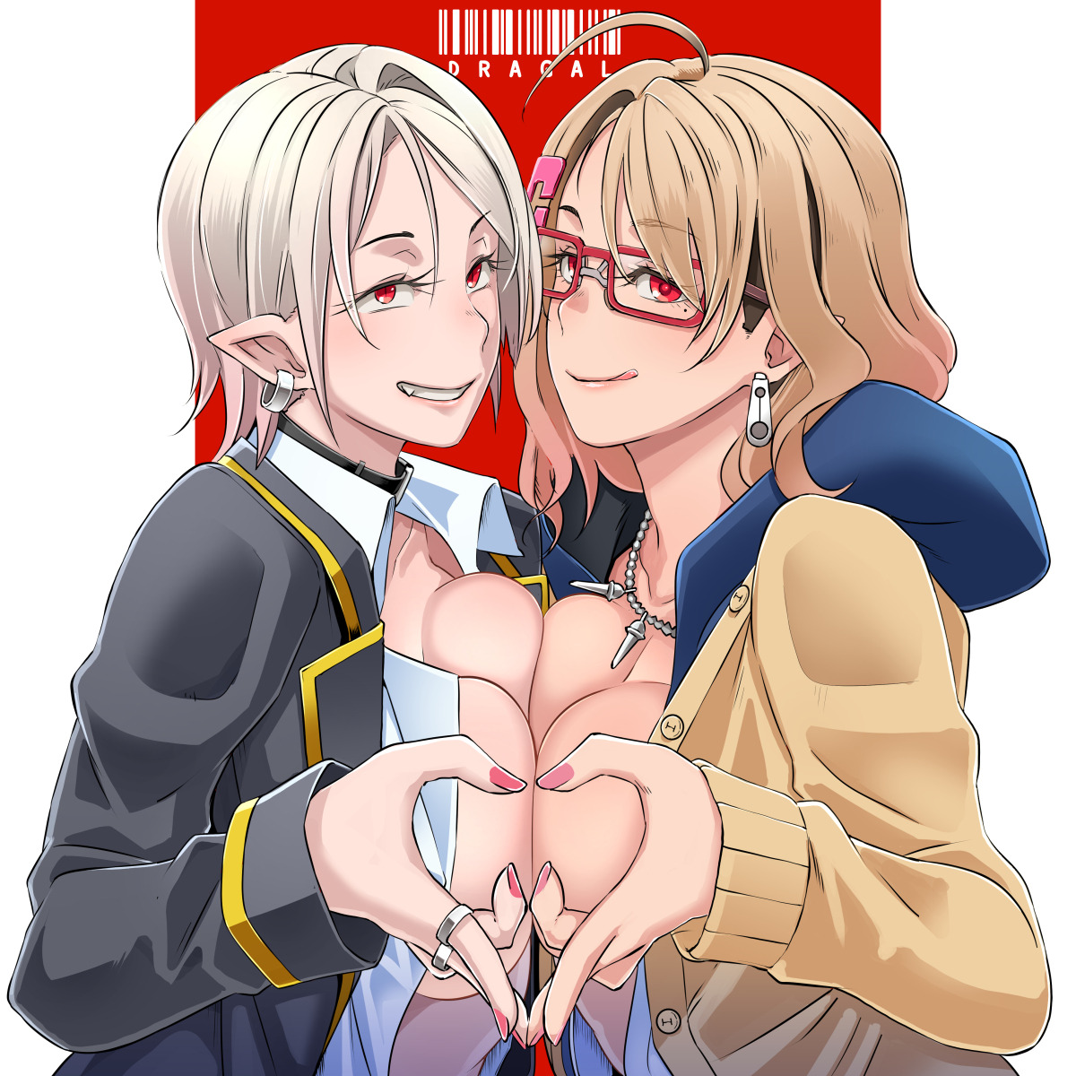 2girls, blonde hair, breasts, breasts out, butcha-u, collar, earring, earrings, eroquis, fangs, female, glasses, hand heart, hoodie, licking lips, mole, mole under eye, multiple girls, nail polish, necklace, open top, pointy ears, red eyes, ring, symmetrical docking