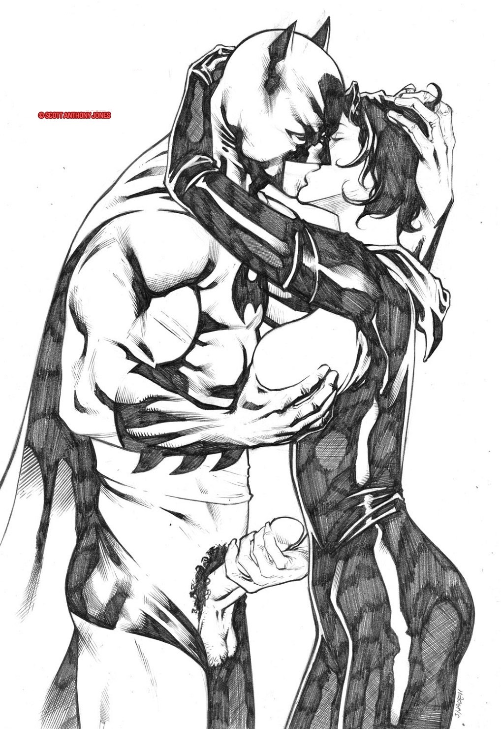 batman batman_(series) black_and_white bruce_wayne catwoman cowl dc dc_comics erection exposed_breasts exposed_penis holding_penis kissing masturbation monochrome scott_jones selina_kyle shade_jones short_hair straight testicles traditional_art