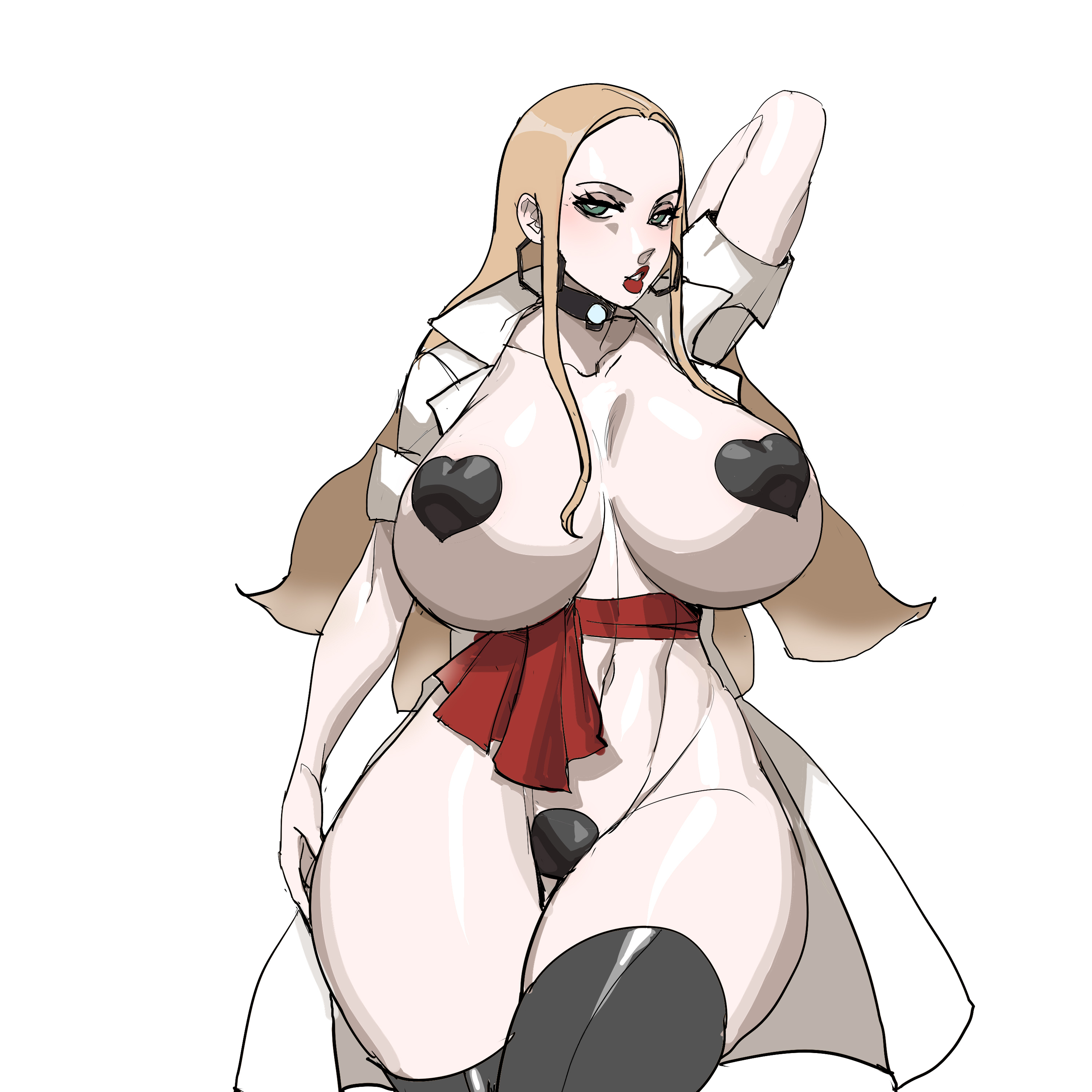 1girls, abs, alternate breast size, ass, black heart pasties, black pasties, blush, breasts, cleavage, eye contact, female, female only, half-closed eyes, heart pasties, huge ass, huge breasts, human, human only, looking at viewer, maniacpaint, nintendo, oleana (pokemon), pasties, pokemon, pokemon ss, solo, solo female, thick thighs, thigh gap, thighhighs, white background, wide hips