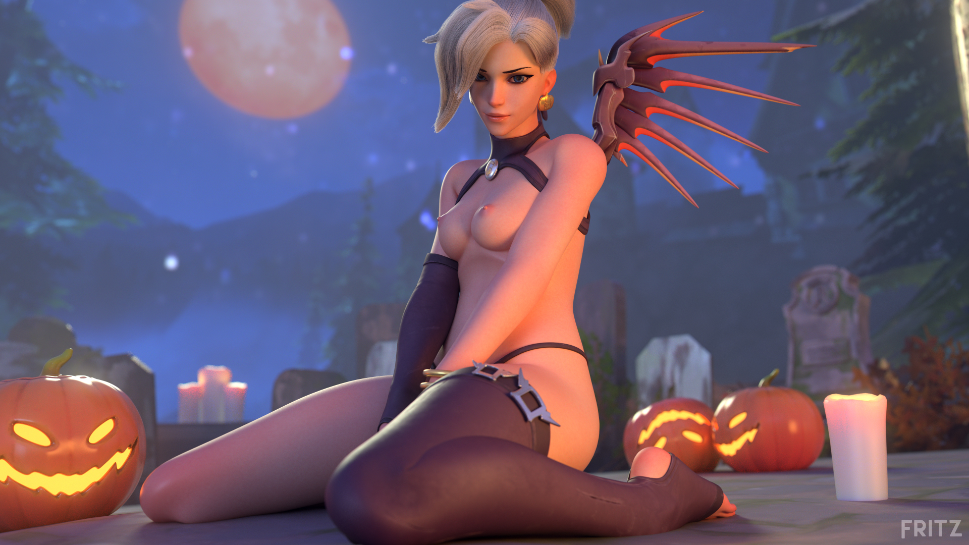 1girls, 3d, alternate costume, areolae, breasts, female, female only, fritzhq, looking at viewer, mercy, nipples, overwatch, solo, thighhighs, witch mercy