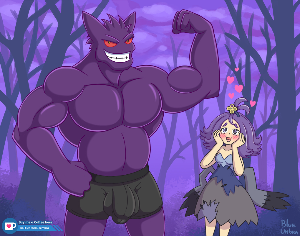 1boy 1girls acerola_(pokemon) admiring anthro big_penis blueumbra blush boxers_(clothing) bulge clothing duo eye_contact female flexing forest gengar ghost heart human humanoid larger_male looking_at_viewer male male_focus muscular nintendo pecs penis penis_outline pokémon_(species) pokemon pokemon_rgby pokemon_sm pose purple_body purple_skin red_eyes size_difference smaller_female smile spirit standing straight text tree underwear url video_games watermark