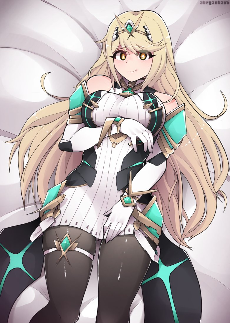 1girls, ahegaokami, areolae, bangs, bed, bed sheet, blonde hair, breasts, elbow gloves, eyebrows visible through hair, female, gem, gloves, hair ornament, headpiece, hikari (xenoblade 2), jewelry, large breasts, long hair, looking at viewer, mythra, nervous, nintendo, shy, solo, swept bangs, tiara, very long hair, xenoblade (series), xenoblade chronicles 2, yellow eyes