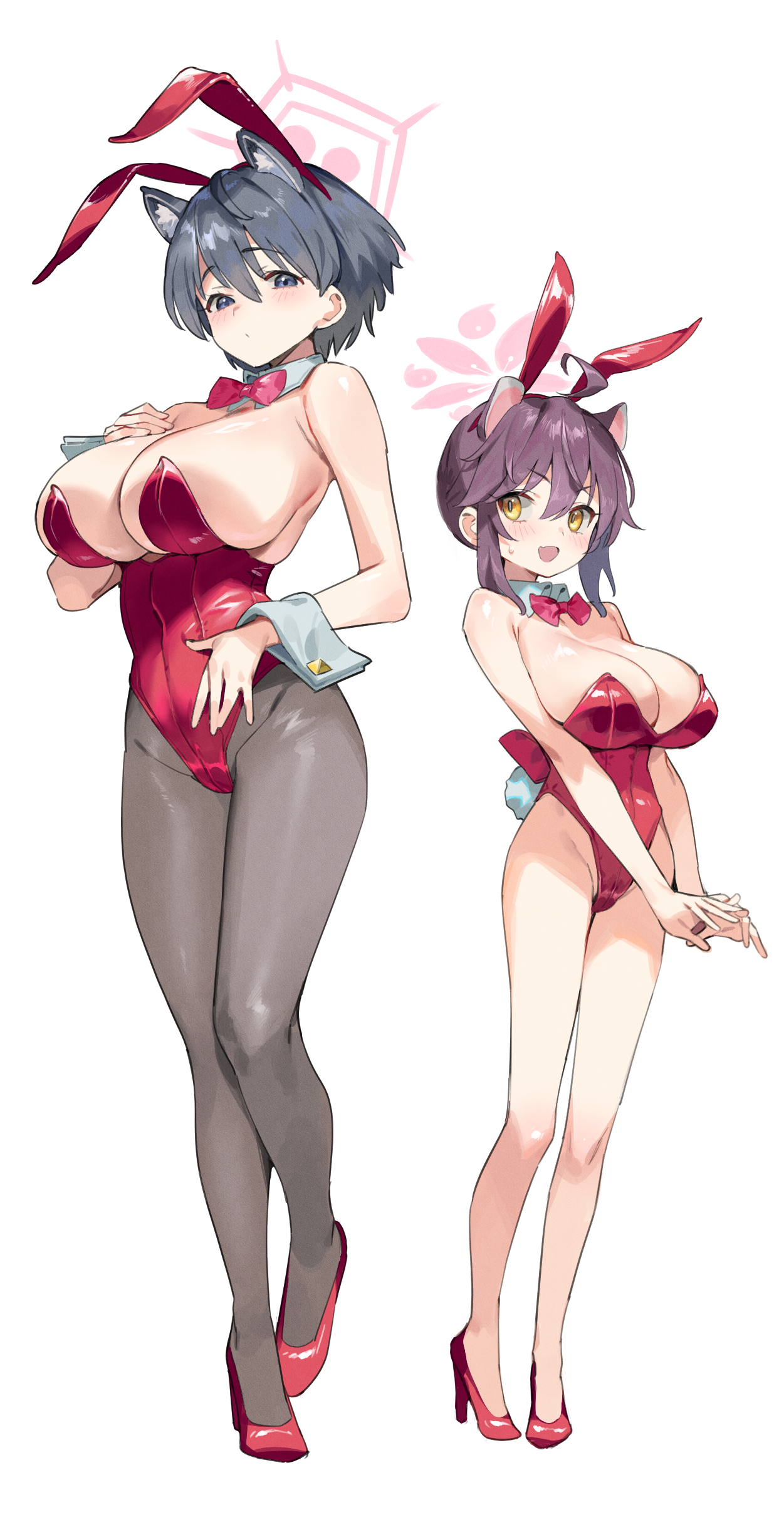 2girls, animal ears, big ass, big breasts, blue archive, blush, bowtie, breasts, bunny girl, bunnysuit, female, high heels, highres, huge breasts, kaede (blue archive), kemonomimi, nonco, short hair, shortstack, tsubaki (blue archive), video game character