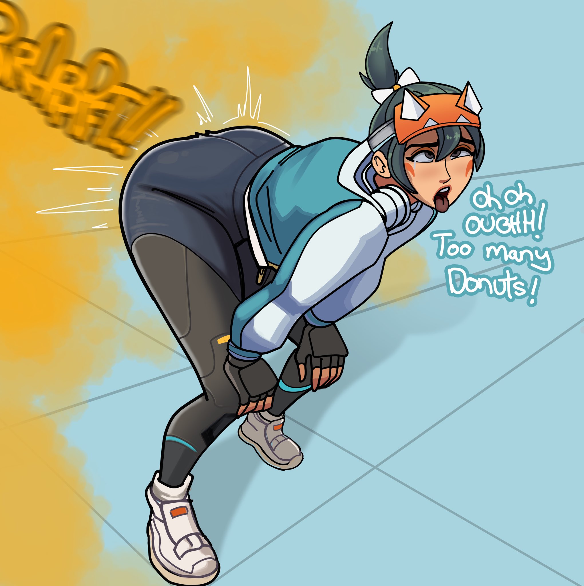bent over, fart, fart cloud, fart fetish, farting, hands on knees, kiriko (overwatch), lolotron, overwatch, overwatch 2, sukajan kiriko