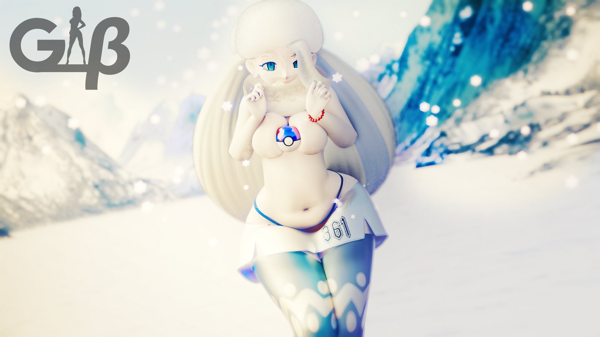 1girls, 3d, areolae, ass, belly, between breasts, big ass, big belly, big breasts, blender, blue eyes, blue hair, bracelet, breasts, chubby, clothes, day, earrings, eye contact, female, female only, generalbutch, hair over one eye, hat, huge ass, human, human only, large ass, large breasts, leggings, long hair, looking at viewer, melony (pokemon), mountain, navel, nintendo, nipples, outdoors, poke ball, pokemon, pokemon ss, pose, shorts, sky, smile, snow, solo, standing, text, thick thighs, topless, very long hair, watermark, wide hips