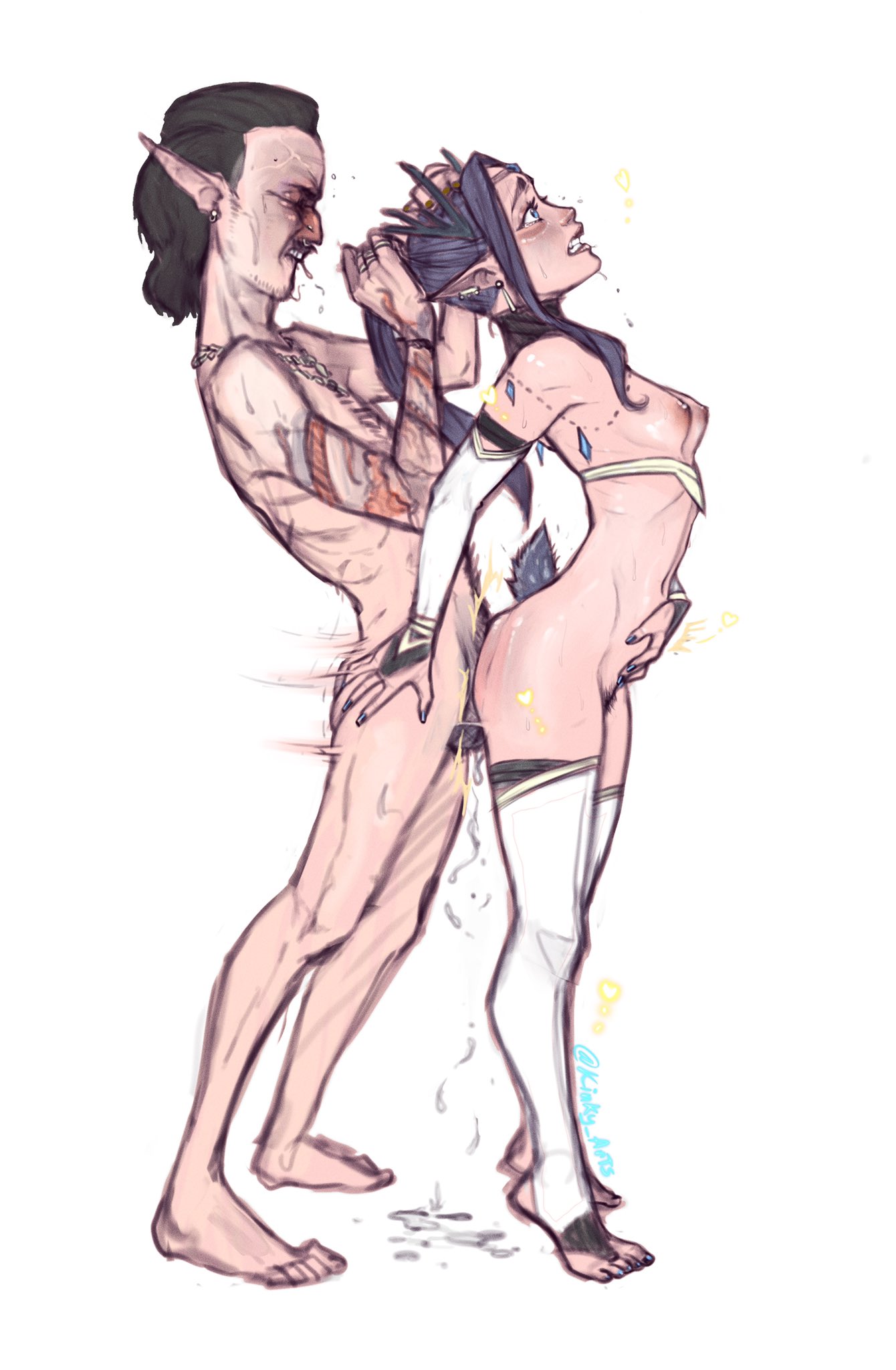 1boy, 1girls, ambiguous penetration, antlers, barefoot, black hair, blue eyes, blue hair, breasts, breasts out, bush, circlet, closed eyes, cum, cum drip, cum inside, cum puddle, dark skin, deer tail, earrings, facial hair, female, female pubic hair, genital fluids, grabbing, grabbing hair, gritted teeth, hair pull, hand on another's head, hand on another's hip, hand on own stomach, kinky arts, light skin, light-skinned female, light-skinned male, looking up, male, mostly nude, motion lines, necklace, nipples, nose piercing, nude, nude male, penis, piercing, piercings, pointy ears, ponytail, pubic hair, ribs, rough sex, saliva, septum piercing, sex, skinny, small breasts, standing, standing doggy style, standing sex, sweat, tattoo, tears, thighhighs, thrusting, tiptoes, valkas (species), via (kinky arts)