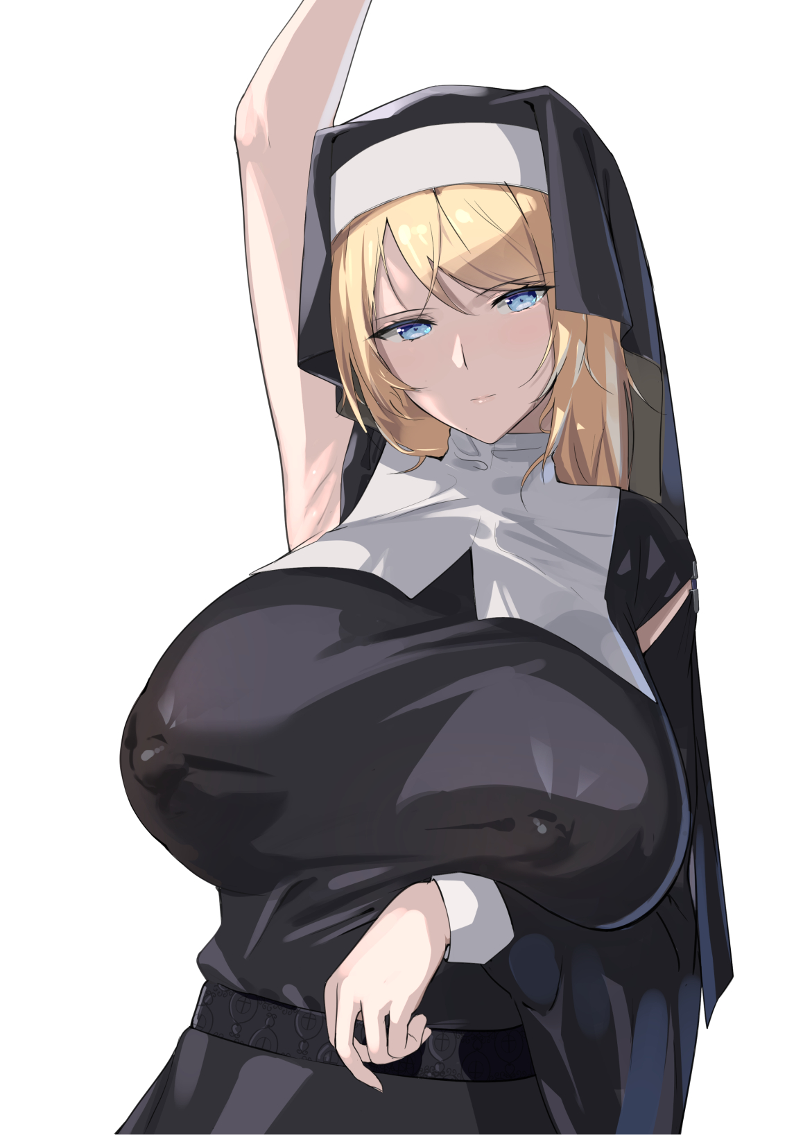 1girls, arm up, armpit fetish, armpits, blonde hair, blue eyes, breasts, clothed, clothed female, expressionless, female, female only, habit, hi res, huge breasts, large areolae, light skin, light-skinned female, long hair, long-haired female, looking at viewer, nipple bulge, nipples visible through clothing, no bra, nun, nun's habit, original, original character, seitoedaha, simple background, solo, veil