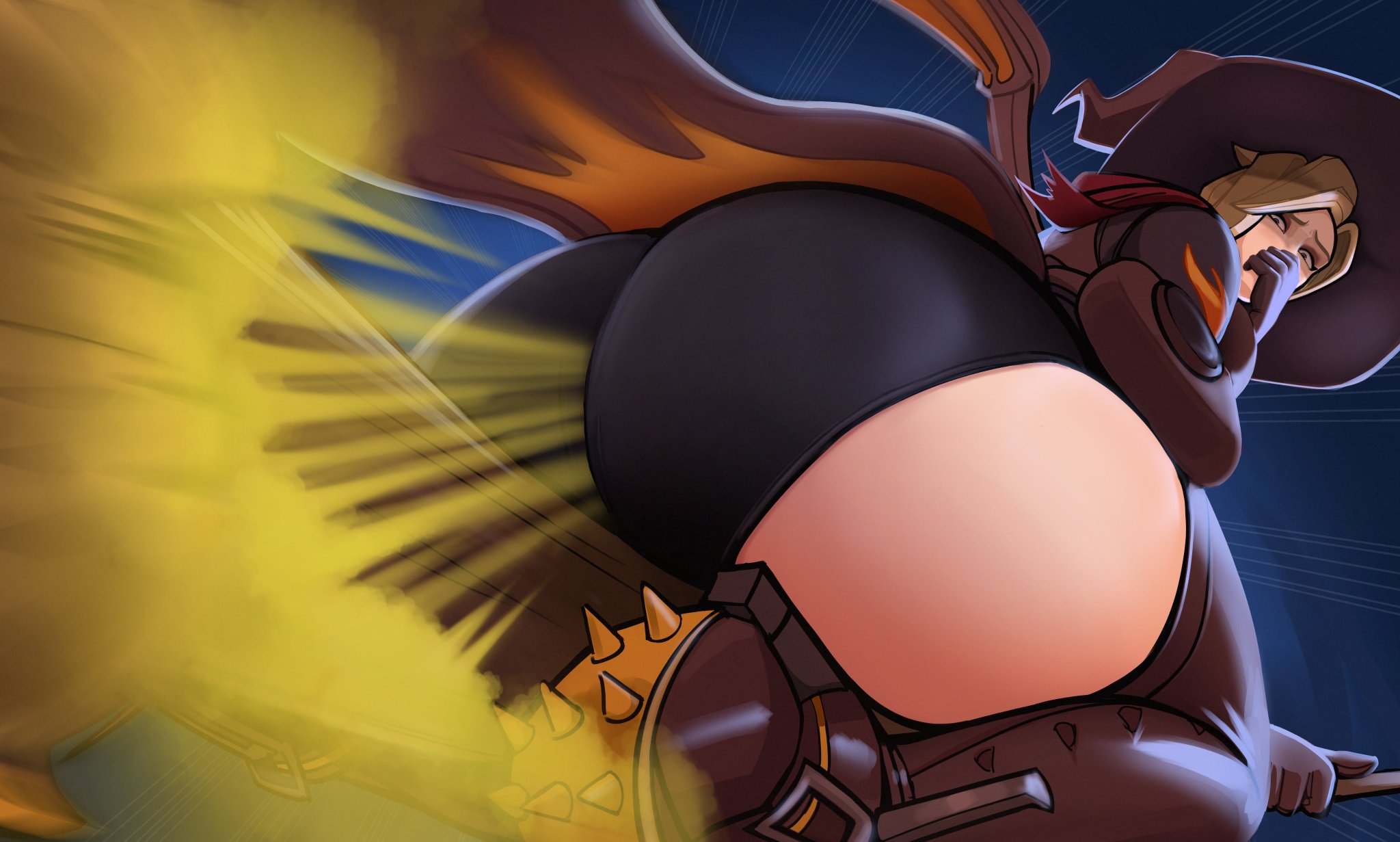alternate version available, ass focus, big ass, broom, broom riding, bubble butt, covering nose, fart, fart cloud, fart fetish, farting, fat ass, large ass, lolotron, mercy, overwatch, panties, thick ass, witch, witch costume, witch mercy