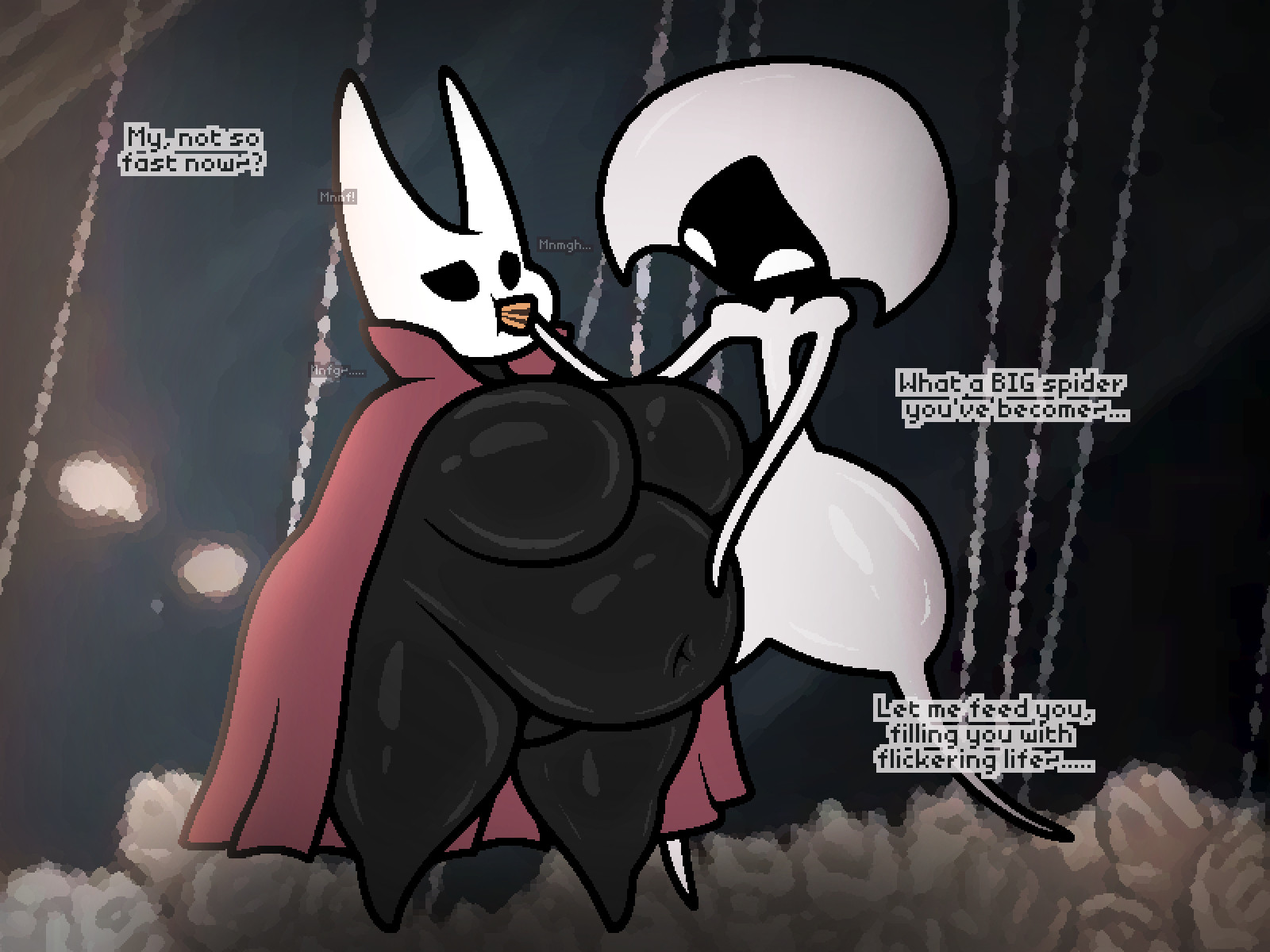 2girls, bbw, big breasts, breasts, cleavage, dialogue, exposed fat belly, fat female, fat woman, feederism, feeding, female, female only, furry, hollow knight, hornet (hollow knight), huge breasts, lace (hollow knight), nah, overweight, sinflative, tagme, thick thighs, weight gain, weight gain female, wide hips
