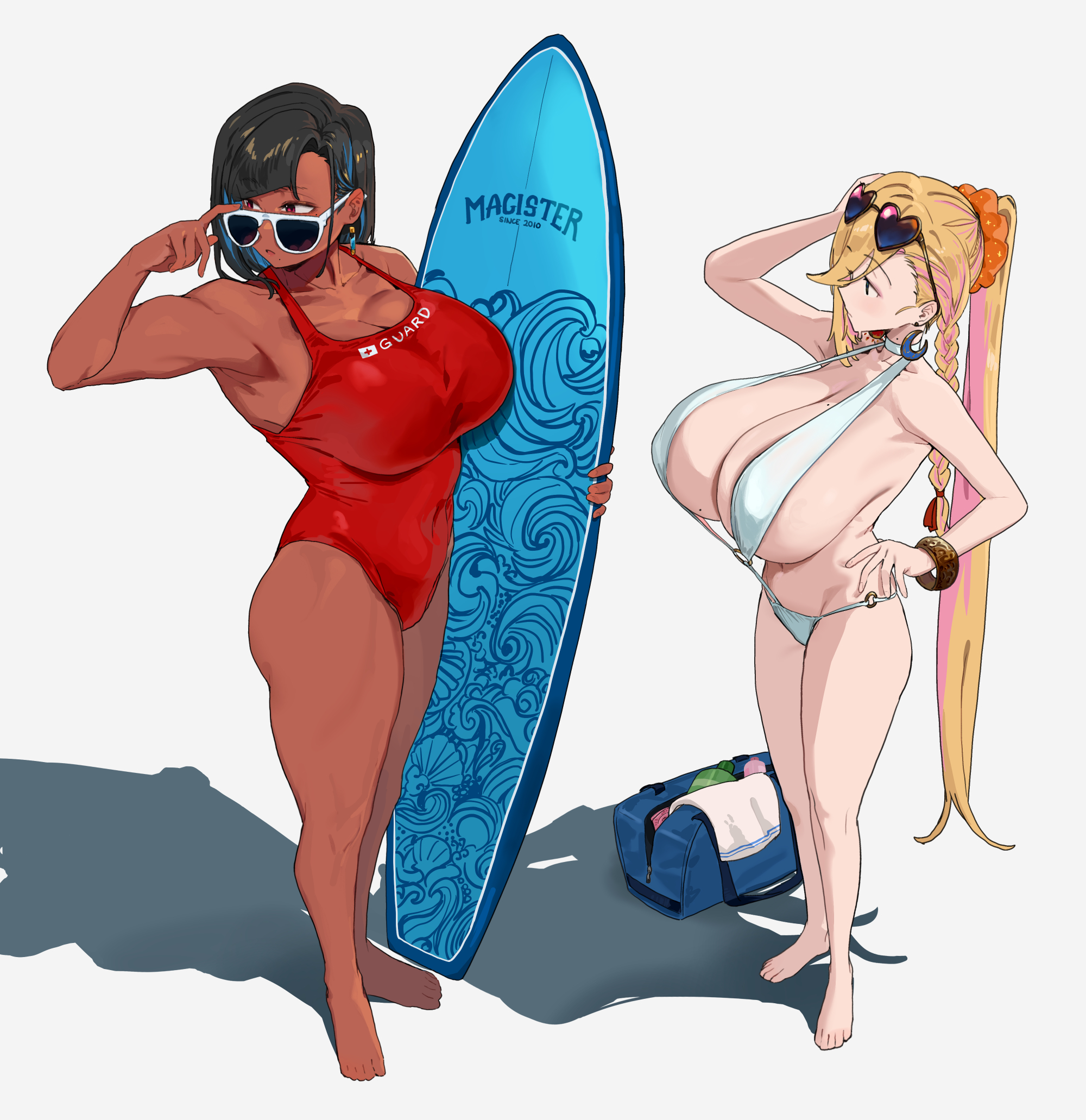 2girls, bare shoulders, bikini, black hair, blonde hair, blush, breasts, cleavage, collarbone, dark skin, dark-skinned female, fat breasts, female, flat belly, highres, huge breasts, long hair, magister, magister (bigbakunyuu), minami (magister), minami aoba, multiple females, multiple girls, navel, one-piece swimsuit, original, pandora smith, pandora smith (magister), red one-piece swimsuit, short hair, sunglasses, surfboard, swimsuit, white bikini
