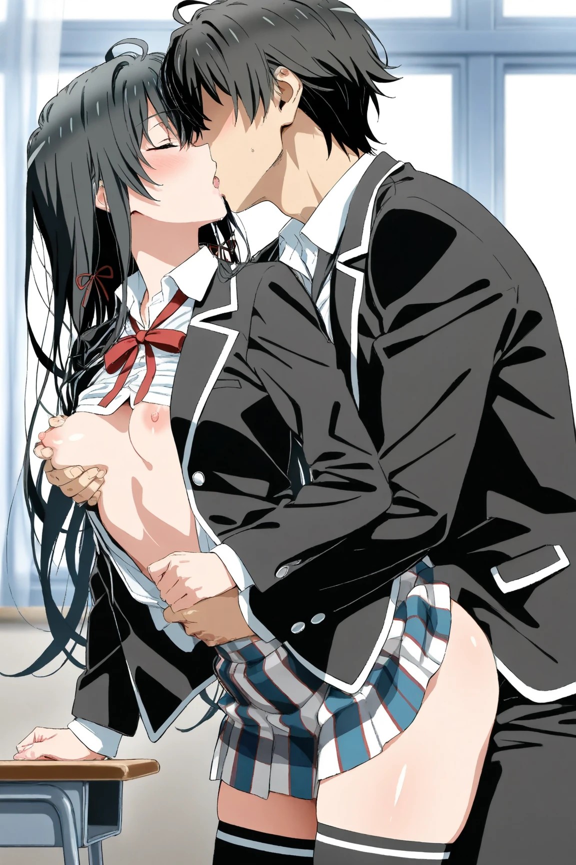 1boy, 1girls, ai generated, breast grab, breasts, classroom, clothed sex, doggy style, female, hikigaya hachiman, kissing, kissing while penetrated, long hair, male, my teen romantic comedy snafu, no panties, school uniform, sex, skirt, thighhighs, wrist grab, yukinoshita yukino