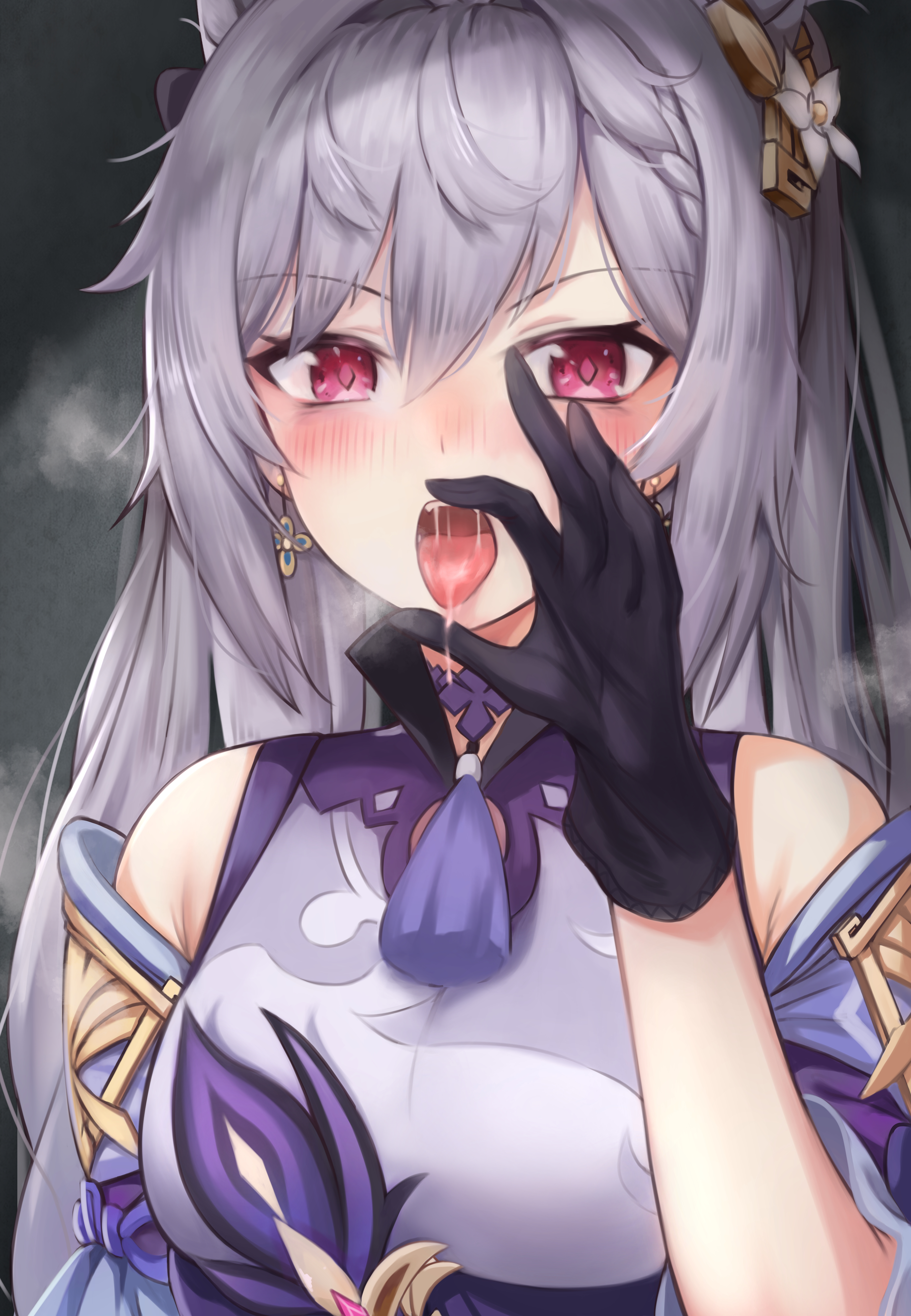 blush, choker, female, flower in hair, genshin impact, hair ornament, hand on head, keqing (genshin impact), open mouth, purple eyes, purple hair, steam, suggestive, tongue, tongue out, twintails
