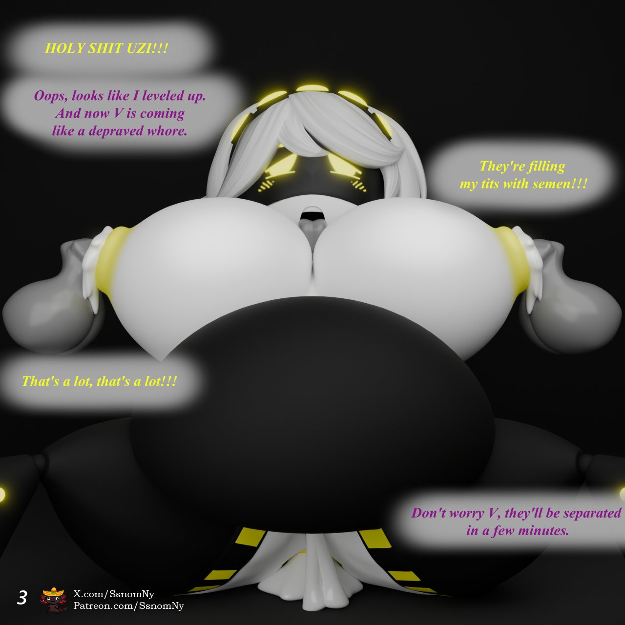 3d, 3d model, 3d render, belly inflation, big belly, cum, cum in ass, cum in pussy, cumflated belly, cumflation, dialogue, inflation, molestation, murder drones, nipple fetish, nipple fucking, nipple penetration, pussy, robot, robot girl, ssnomaly, v (murder drones), virtual reality, yellow eyes