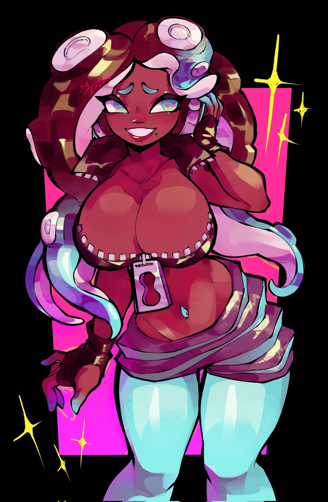 1800lush, big breasts, breasts, deep cleavage, female, hand on head, marina (splatoon), nintendo, pantyhose, solo female, splatoon, splatoon (series), splatoon 2