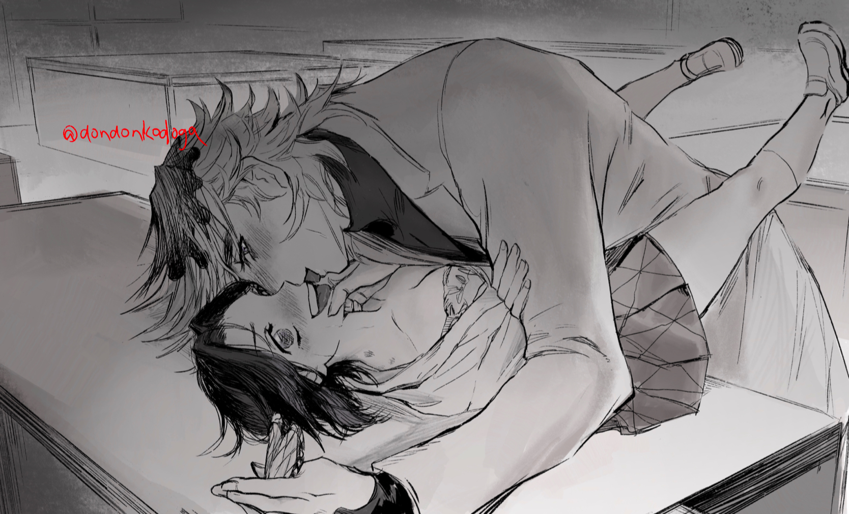1boy, 1girls, ambiguous penetration, blush, bra, caught, caught in the act, cleavage, demon slayer, dondonkodoga, douma, embarrassed, female, french kiss, hair down, hickey marks, implied sex, kimetsu gakuen, kimetsu no yaiba, kissing, kochou shinobu, legs up, looking at viewer, male, monochrome, no visible genitalia, older male and younger female, on back, school uniform, schoolgirl, spiky hair, straight, surprised, table, table sex, tongue out