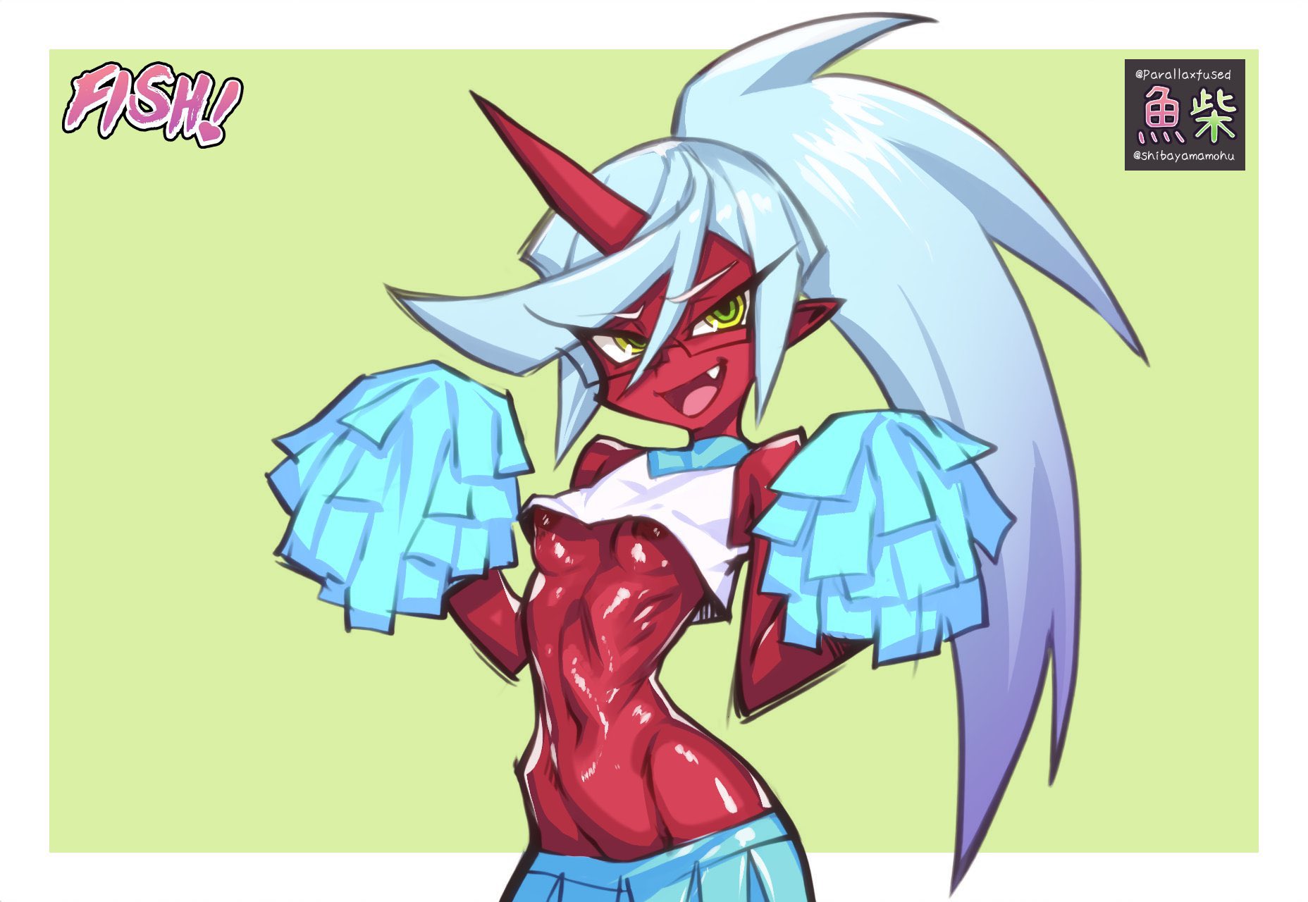 1girls, 2025, artist name, belly button, blue hair, breasts, cheerleader, clothed, clothed female, clothing, collaboration, cowboy shot, crop top, demon, demon girl, demon horns, demon humanoid, eyewear, fangs, female, front view, glasses, gradient hair, green eyes, hair, hi res, horn, humanoid, kneesocks daemon, long hair, looking at viewer, multicolored hair, navel, nipple slip, nipples, open mouth, panty & stocking with garterbelt, parallaxfused, partially clothed, pointy ears, pom poms, ponytail, pose, posing, rectangular glasses, red body, red skin, shibayamamohu, signature, simple background, skirt, slim, small breasts, smile, smiling, smiling at viewer, solo, standing, stomach, teeth, tongue, two-tone hair