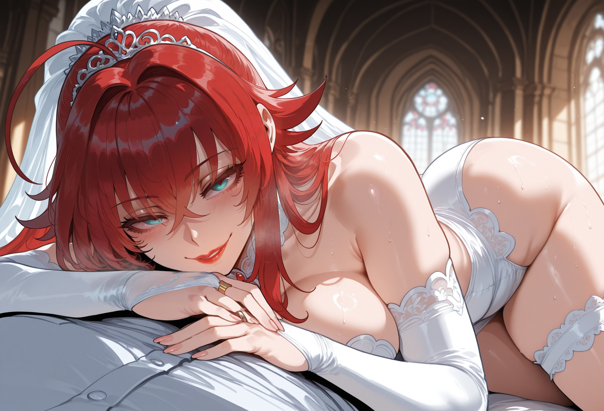 1boy, 1girls, ahoge, ai generated, ass, bangs, bare shoulders, bed, blue eyes, blush, breast press, breasts, bridal gauntlets, bridal lingerie, bridal veil, bride, church, cleavage, clothing, cowgirl position, crossed bangs, curvaceous, curvaceous female, curvaceous figure, curvy, curvy figure, dress, female, female focus, gloves, hair between eyes, headdress, headwear, high school dxd, highleg, highleg leotard, indoors, inviting, inviting to sex, jewelry, large breasts, leotard, lips, lipstick, long hair, looking at viewer, lying, lying on person, male, miyuai, on bed, on stomach, presenting, presenting ass, presenting breasts, presenting hindquarters, presenting self, red hair, red lips, rias gremory, ring, seductive, seductive look, seductive smile, smile, solo focus, straight, strapless, sweat, thick thighs, thigh strap, thighs, tiara, veil, voluptuous, voluptuous female, wedding dress, wedding ring, white leotard, window