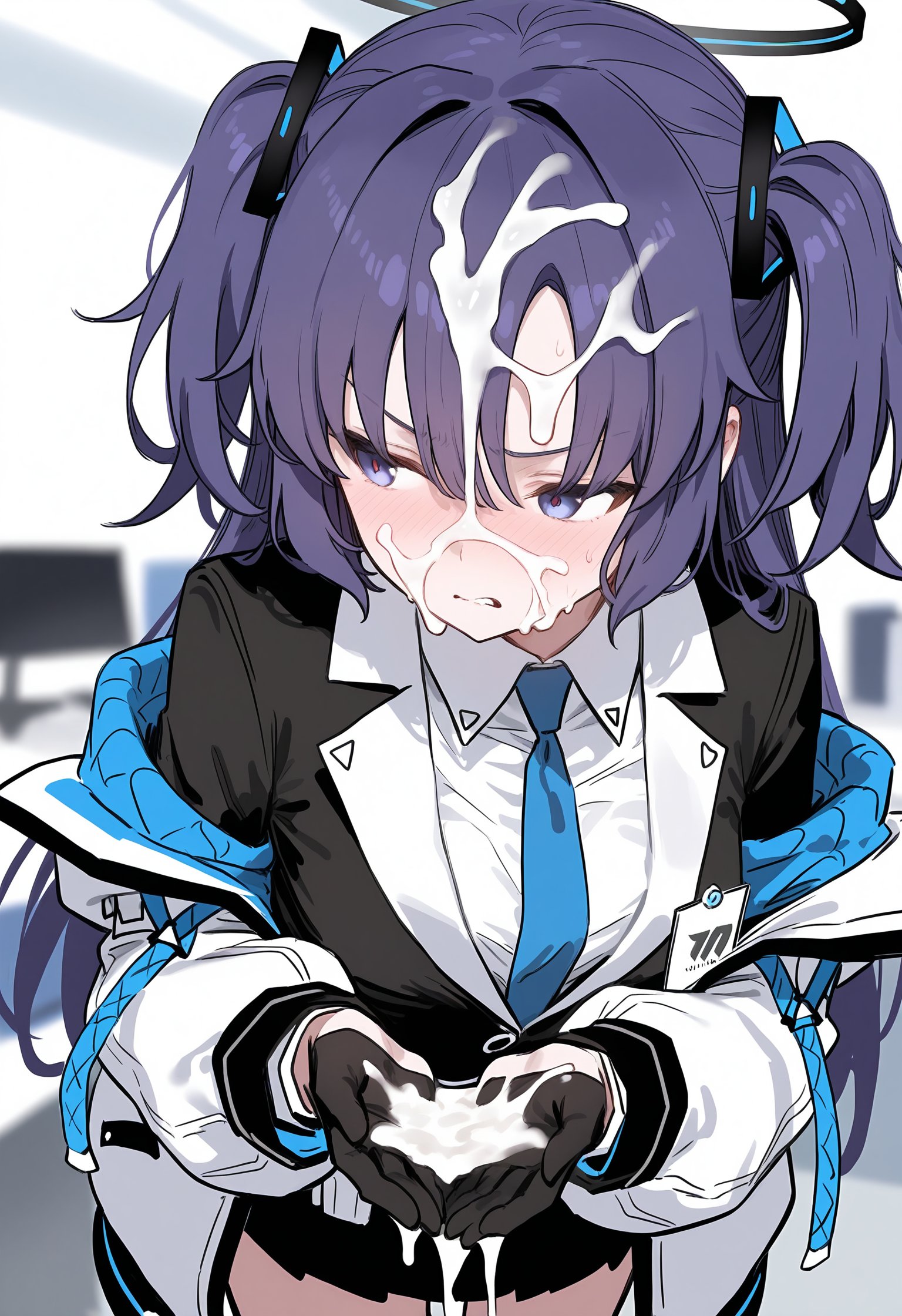 ai generated, annoyed, black gloves, black jacket, black skirt, blue archive, blue eyes, blue necktie, blush, cum, cum on body, cum on face, cum on hair, cum on hands, cum pool, cupping hands, furrowed brow, grimace, halo, id card, long hair, long sleeves, miniskirt, pleated skirt, purple eyes, purple hair, two side up, two-tone jacket, white jacket, white shirt, yuuka (blue archive)