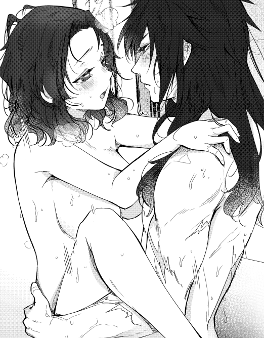 1boy 1girls alternate_hairstyle bangs blush breasts breath couple cowboy_shot demon_slayer face-to-face female greyscale gyushino hair_down happy_sex heavy_breathing kimetsu_no_yaiba kochou_shinobu kyarotto_(zenkixd) looking_at_another medium_breasts medium_hair monochrome motion_lines nude open_mouth parted_bangs profile scar sex short_hair standing standing_sex straight sweat tears tomioka_giyuu upright_straddle