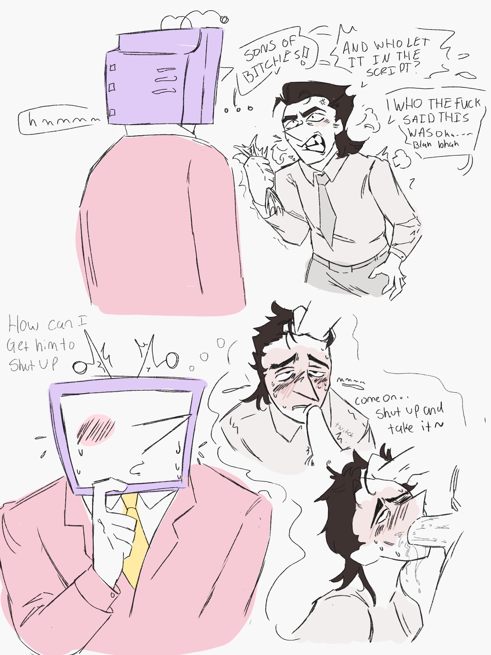 blowjob, cumming, deltarune, forced submission, gay, male, non-human, object head, spamtenna, spamton g spamton, tenna (deltarune), toony, yaoi