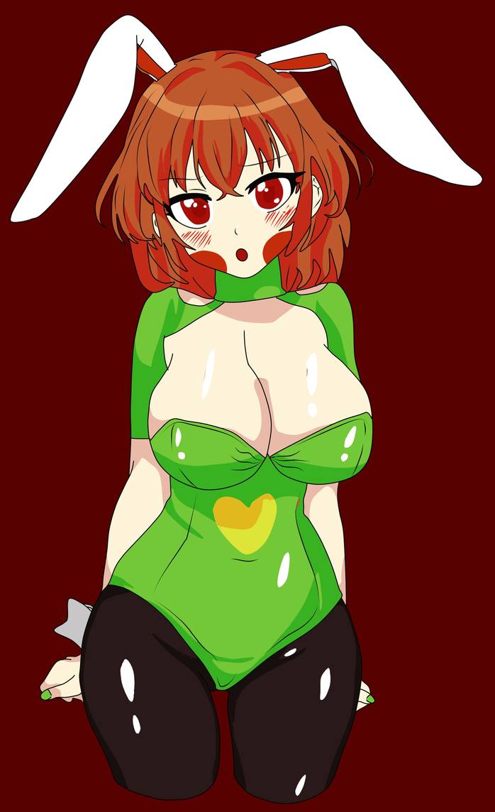 1girls, 2d, blush, breasts, brown hair, bunny, bunny ears, bunnysuit, chara, cleavage, female, female chara, female only, human, human female, human only, large breasts, red eyes, solo, tagme, undertale, undertale (series)