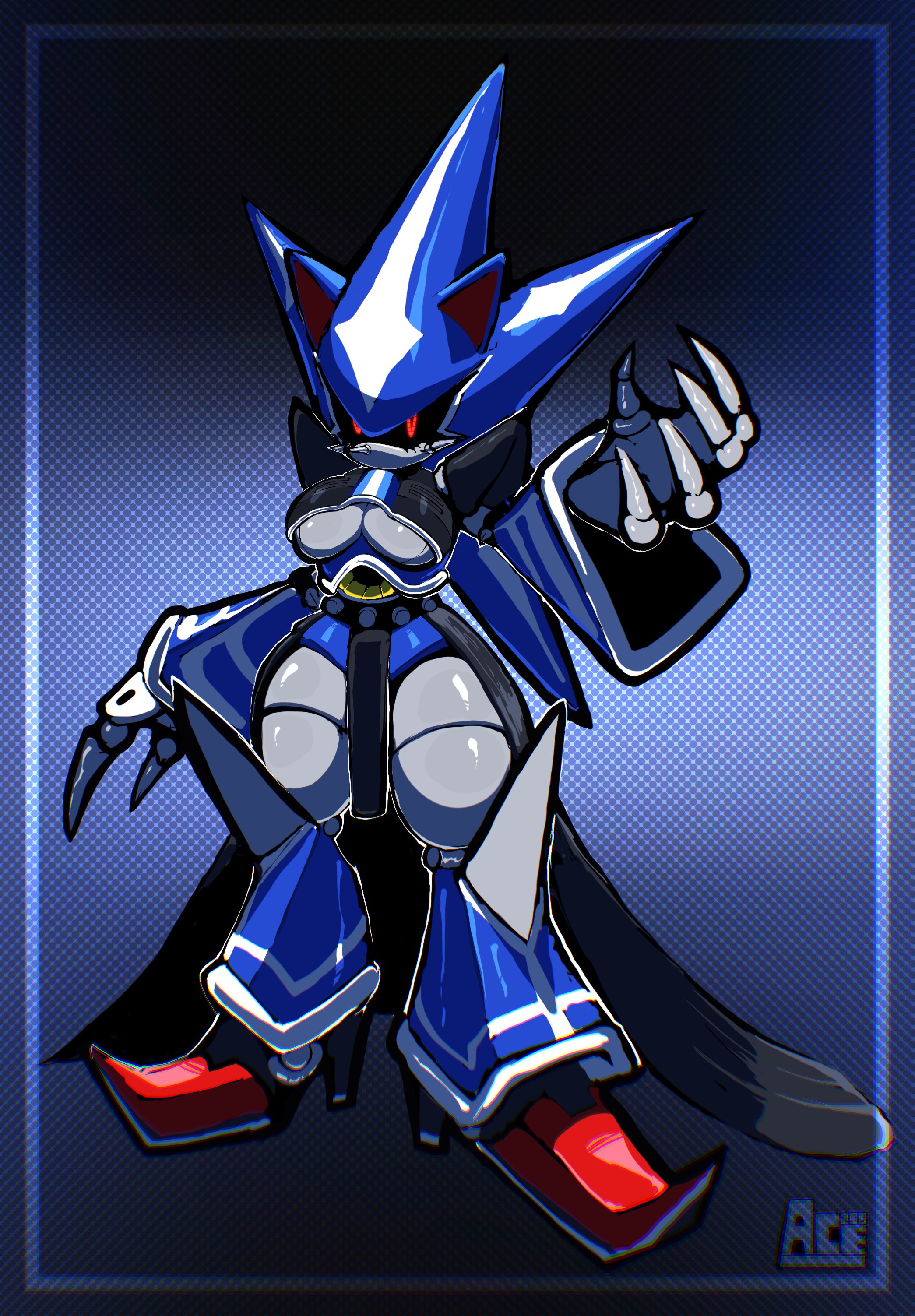 1female, 1girls, 2025, ace2564, artist logo, background, blue background, blue body, breasts, clawed fingers, claws, digital media (artwork), fem neo metal sonic, female, glowing eyes, huge hands, loincloth, looking at viewer, makeup, metal sonic, metal sonique, neo metal sonic, neo metal sonique, no mouth, pointy nose, red eyes, robot, robot girl, robot humanoid, rule 63, solo, solo female, solo focus, sonic (series), sonic the hedgehog (series), thick thighs, thighs, wide hips