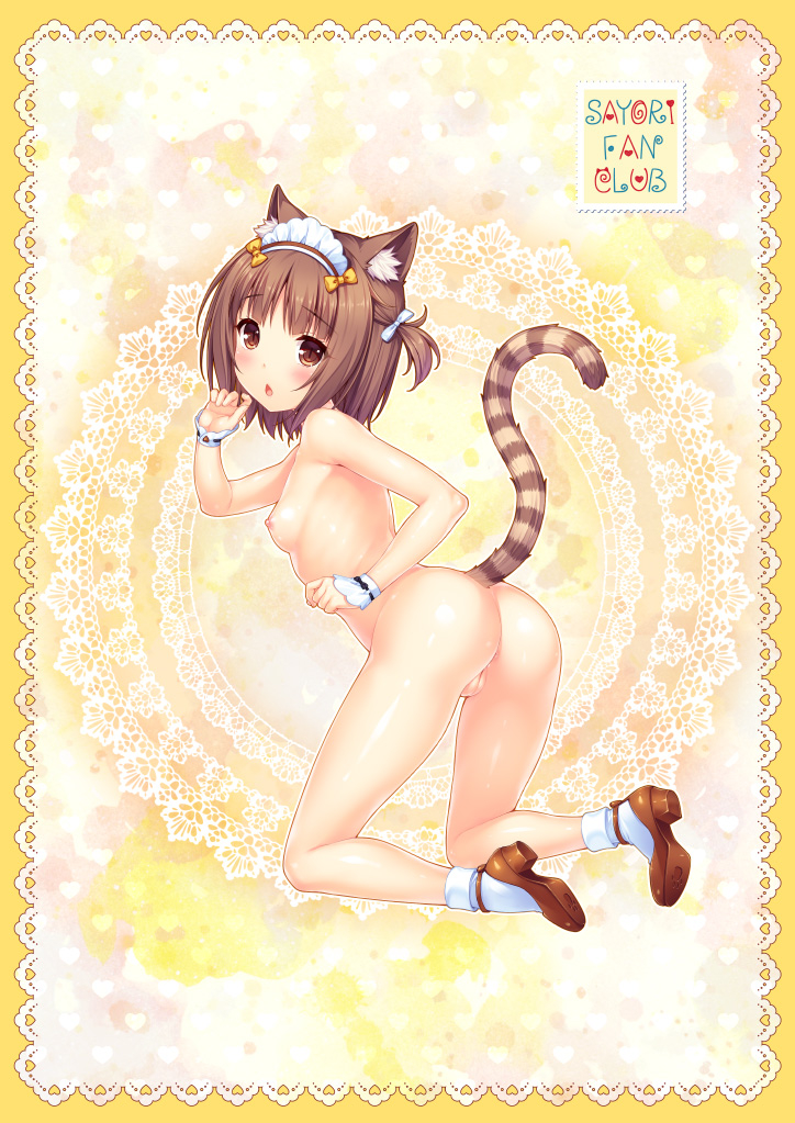 1girls :o animal_ears ass azuki_(sayori) blush boots bowtie brown_eyes brown_hair cat_ears catgirl full_body hairbow headband kneeling knees_apart_feet_apart legs looking_at_viewer nekopara nipples no_bra no_panties nude nude_female open_mouth pussy sayori short_hair shy skinny small_breasts solo solo_female tail text uncensored white_legwear white_skin worried