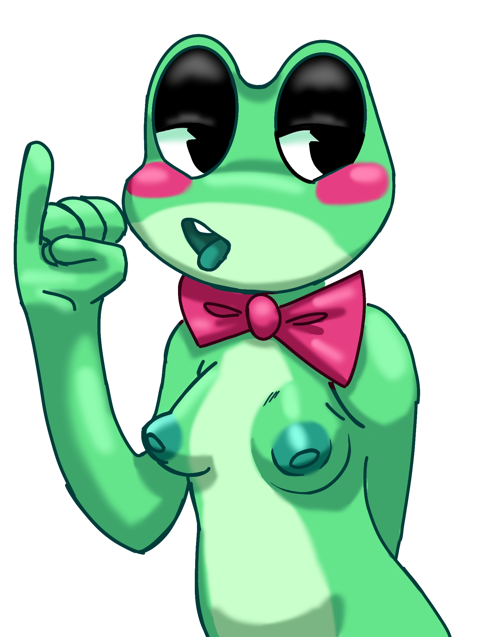 aloekunyep, bowtie, breasts, digital drawing (artwork), digital media (artwork), green body, green skin, half-closed eyes, mostly nude, neckwear, neckwear only, nipples, red ribbon, ribbit (tadc), ribbit (the amazing digital circus), small breasts, solo, the amazing digital circus