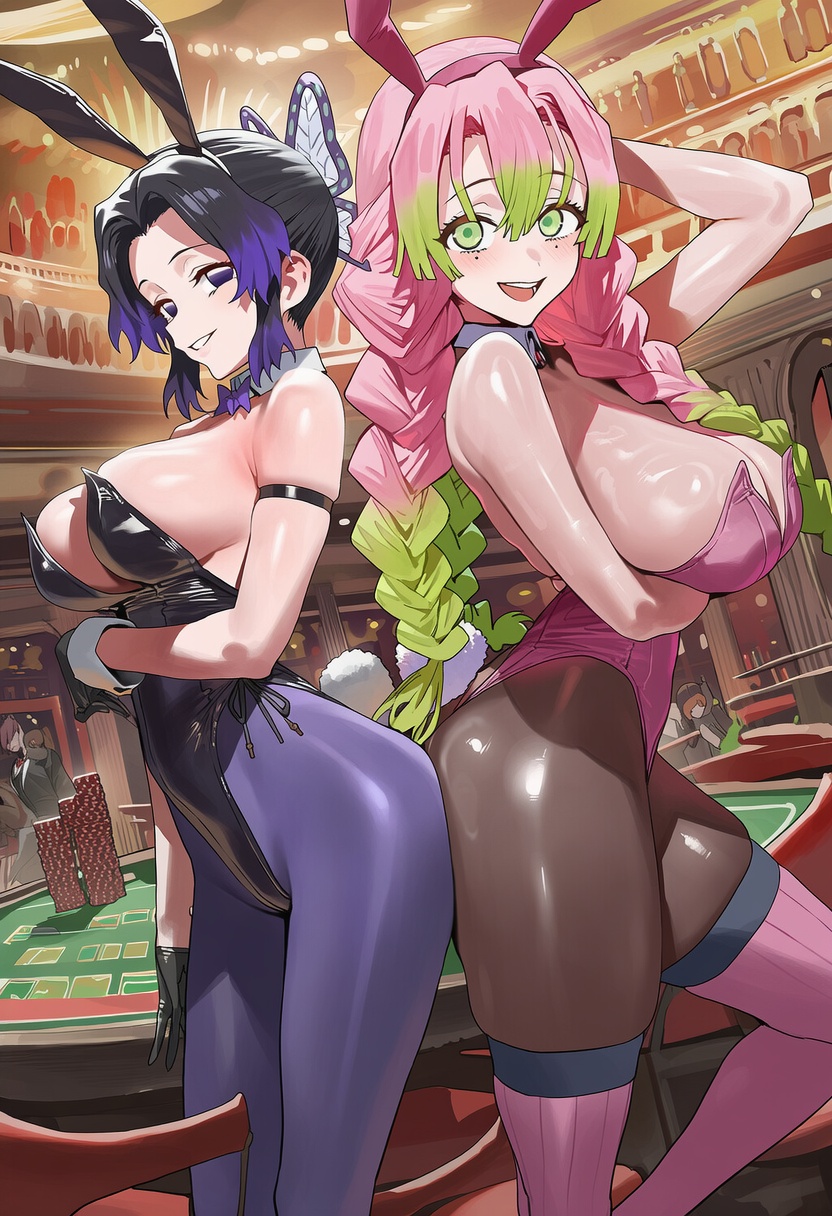 2girls, ai generated, ai niji ia, animal ears, bangs, bare shoulders, big breasts, black hair, black leotard, blush, bow, bowtie, braid, breasts, bunny ears, bunny girl, bunny tail, bunnysuit, butterfly hair ornament, cleavage, demon slayer, detached collar, fake animal ears, fake tail, female, gradient hair, green eyes, green hair, hair ornament, kanroji mitsuri, kimetsu no yaiba, kochou shinobu, large breasts, leotard, long hair, looking at viewer, mole, mole under eye, multicolored hair, multiple females, multiple girls, open mouth, pantyhose, parted bangs, pink hair, purple eyes, purple hair, purple leotard, smile, strapless, strapless leotard, tail, thighhighs, thighs, two-tone hair, white leotard, wrist cuffs