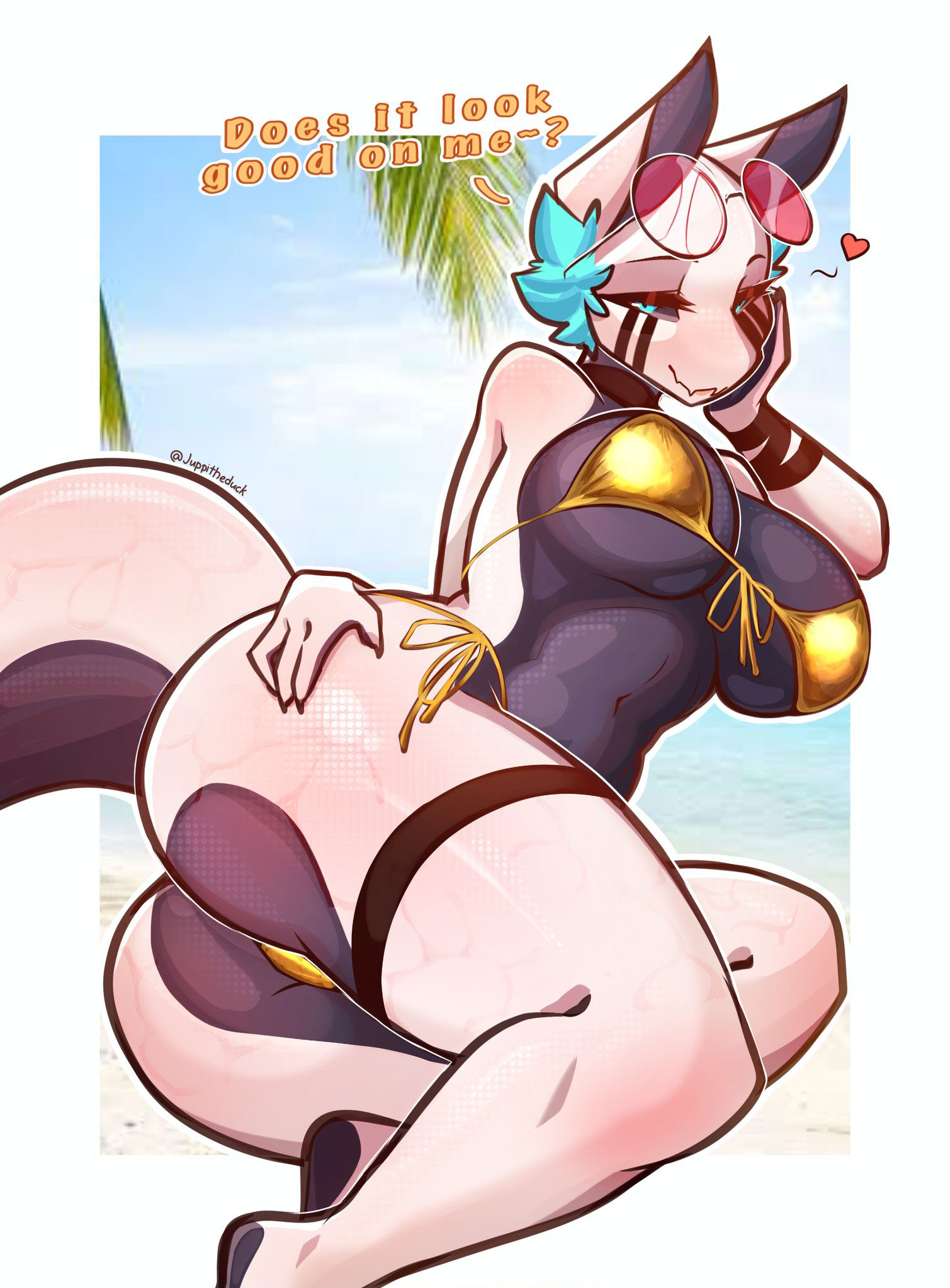 1girls, 2025, anthro, bikini, biped, blue body, blue eyes, blue fur, blue scales, border, breasts, citadel (juppi), clothed, clothing, detailed background, dialogue, eyelashes, female, female only, fur, furry, gold bikini, golden week, heart symbol, hi res, juppi, navel, non-mammal breasts, question mark, reptile, scales, scalie, skimpy, smile, snake, solo, swimwear, text, two-piece swimsuit, white body, white border, white scales
