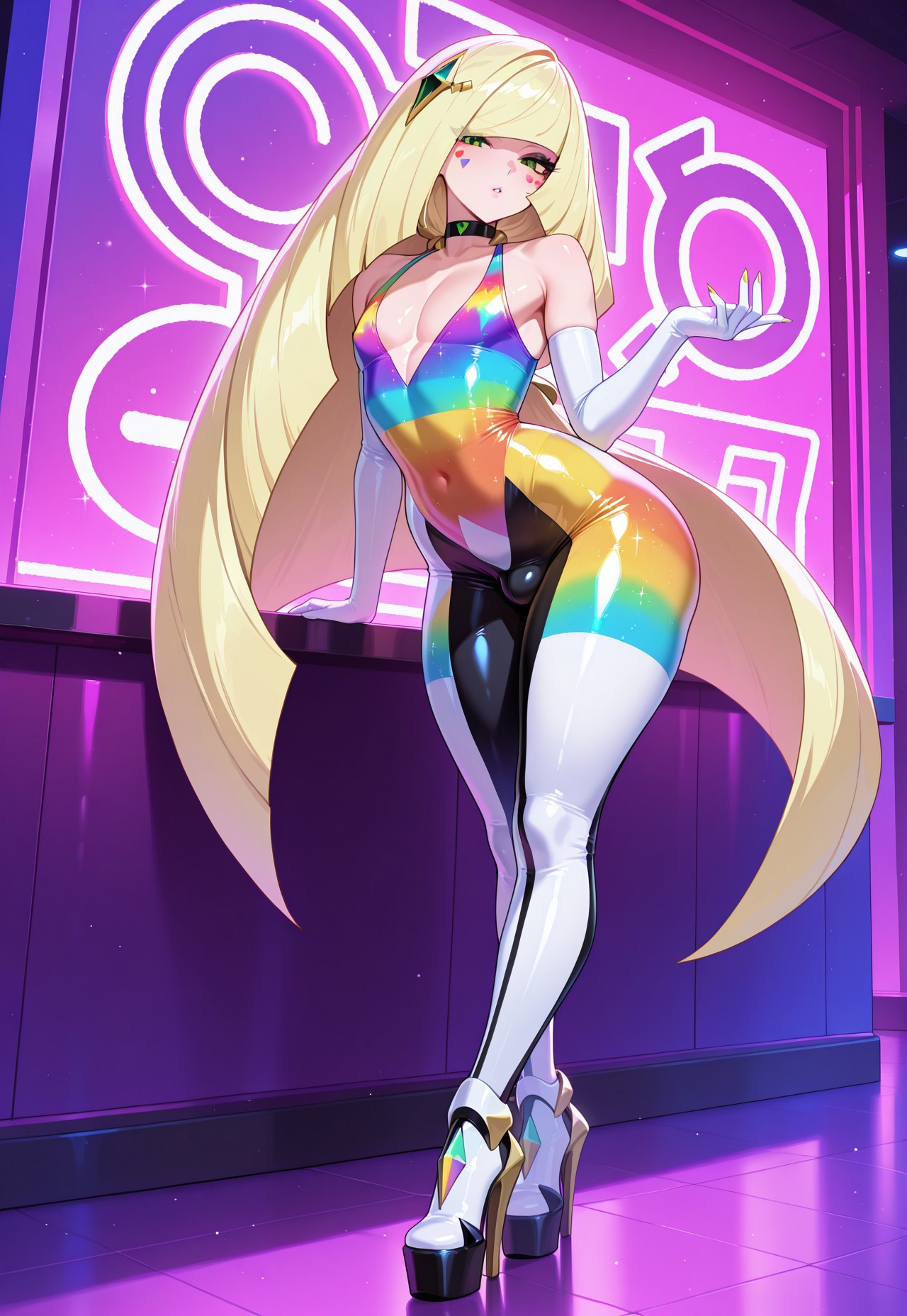 ai generated, alternate version available, benero, blonde hair, bodysuit, bulge, crossdressing, femboy, feminine male, genderswap (ftm), girly, indoors, long hair, lusamine (pokemon), male, male lusamine, multicolored bodysuit, neon, pokemon, rule 63, standing, thick thighs, thighs, tight bodysuit, trap