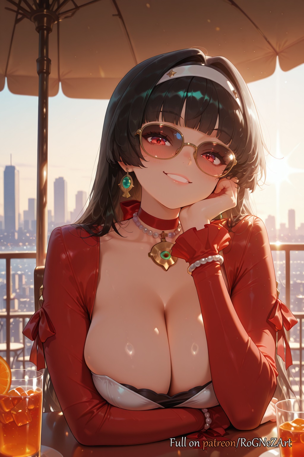 1girls, 2025, ai generated, astra yao, bangs, bead bracelet, bead necklace, beads, black hair, blunt bangs, blush, bracelet, breasts, choker, cleavage, collarbone, cup, drinking glass, earrings, elbow rest, eye contact, female, female focus, female only, flushed, glasses, glint, grin, hair accessory, hairband, hand on own cheek, hand on own face, head rest, head tilt, hoyoverse, huge breasts, ice, ice cube, jacket, jewelry, large breasts, long hair, long sleeves, looking at viewer, mihoyo, necklace, orange (fruit), outdoors, parted lips, pearl bracelet, pearl necklace, red choker, red eyes, red jacket, rognezart, sitting, sky, smile, smiling, solo, sunglasses, table, umbrella, upper body, very long hair, white hairband, zenless zone zero