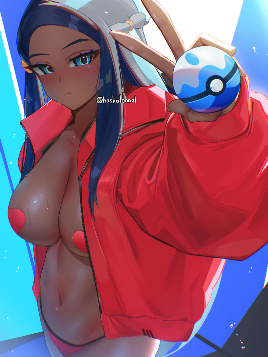 black hair, blue eyes, blue hair, blush, breasts, dark skin, dark-skinned female, dive ball, eyeliner, female, hair bun, haska (user gure4787), heart pasties, highres, jacket, large breasts, long hair, long sleeves, looking at viewer, makeup, multicolored hair, navel, nessa (pokemon), panties, pasties, poke ball, pokeball, pokemon, pokemon swsh, red jacket, red panties, sidelocks, single hair bun, solo, two-tone hair, underwear