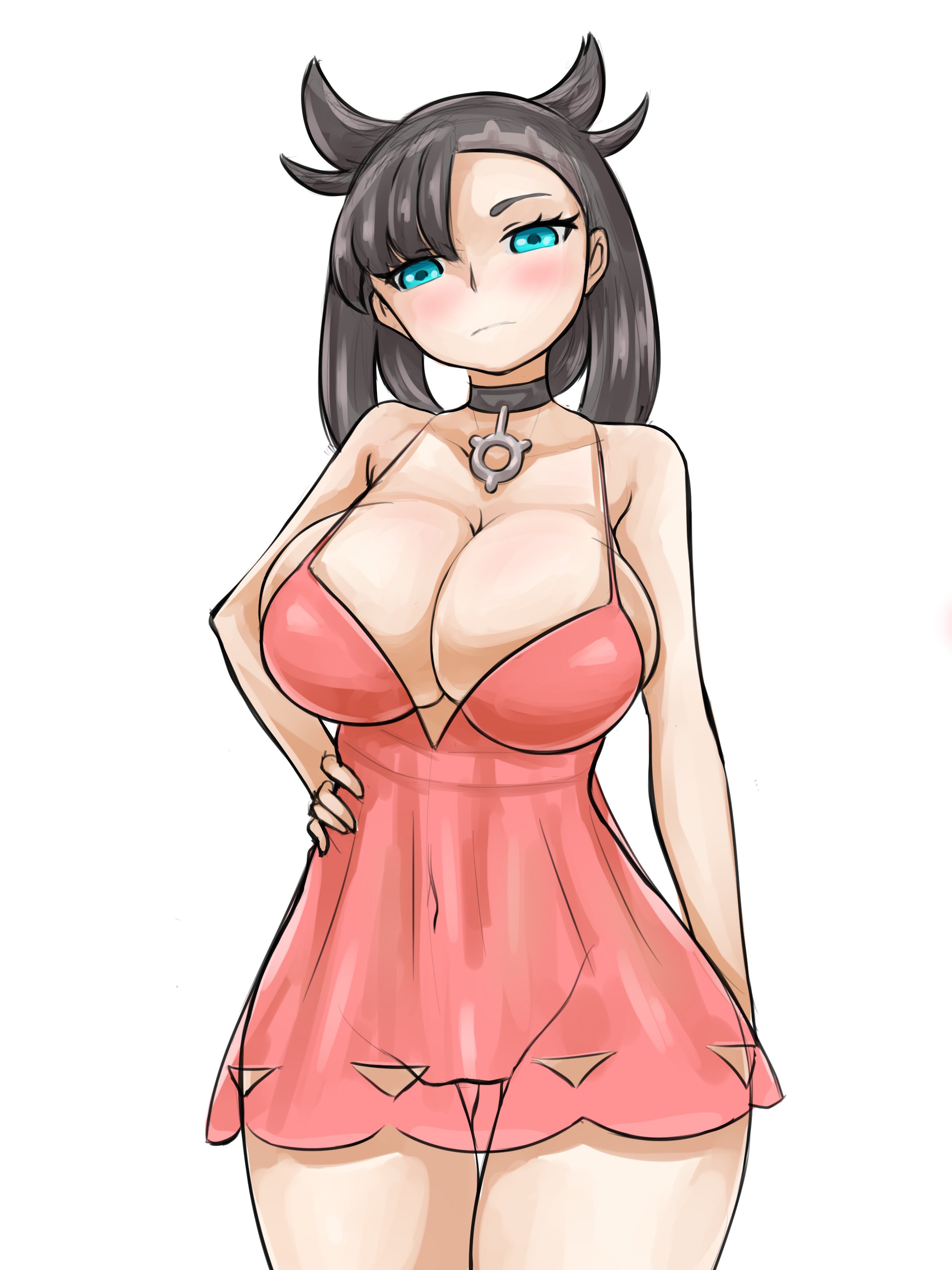 1girls, 2019, alternate breast size, alternate costume, armpits, bare legs, belly, big breasts, black hair, blue eyes, blush, bottomless, breasts, bursting breasts, choker, cleavage, clothes, dress, eye contact, female, female only, game freak, hair over one eye, half-closed eyes, hand on hips, hourglass figure, huge breasts, human, human only, large breasts, looking at viewer, marnie (pokemon), navel, nintendo, overflowing breasts, pendant, pink dress, pokemon, pokemon ss, pose, posing, pussy, see-through, sideboob, solo, standing, steamingtofu, thigh gap, thin waist, tied hair, vagina, white background, wide hips