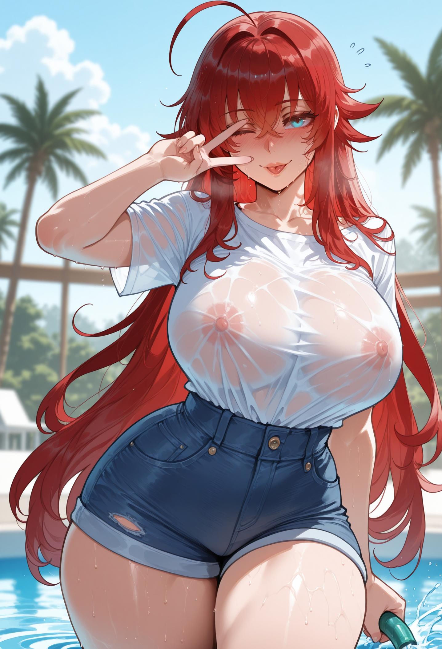 ;p, :p, 1girls, ahoge, ai generated, blue eyes, blue shorts, blue sky, blush, breasts, clothing, cloud, collarbone, covered nipples, crossed bangs, curvaceous, curvaceous female, curvaceous figure, curvy, curvy figure, cutoffs, day, denim, denim shorts, female, female focus, female only, hair between eyes, high school dxd, high-waist shorts, holding, holding hose, hose, huge ahoge, huge breasts, inviting, large breasts, long hair, looking at viewer, miyuai, nipples, no bra, one eye closed, outdoors, palm tree, pool, presenting, presenting ass, presenting breasts, presenting hindquarters, presenting self, red hair, rias gremory, seductive, seductive look, seductive smile, see-through, see-through shirt, shirt, shirt tucked in, short shorts, short sleeves, shorts, sky, smile, solo, thick thighs, thighs, tongue, tongue out, tree, v, v over eye, very long hair, voluptuous, voluptuous female, wading, wading pool, water, wet, wet clothes, wet shirt, white shirt, wide hips