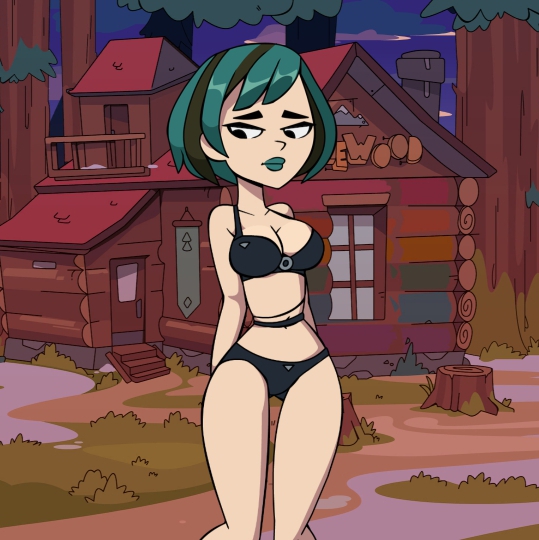 2d beta bikini black_bikini breasts camp_pinewood_remix gwen_(tdi) medium_hair multicolored_hair solo_female tagme total_drama_island vaultman video_games