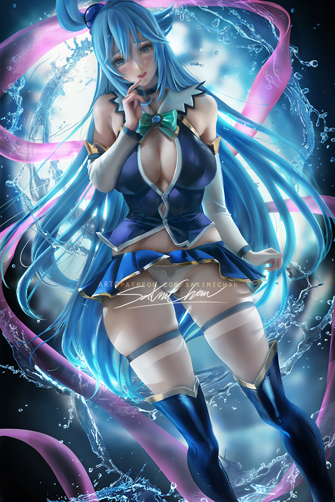 1girls, aqua (konosuba), big breasts, blue hair, boots, breasts, cleavage, female, female only, heel boots, high heel boots, kono subarashii sekai ni shukufuku wo!, large breasts, panties, sakimichan, solo, thigh boots, thighhigh boots, thighhighs