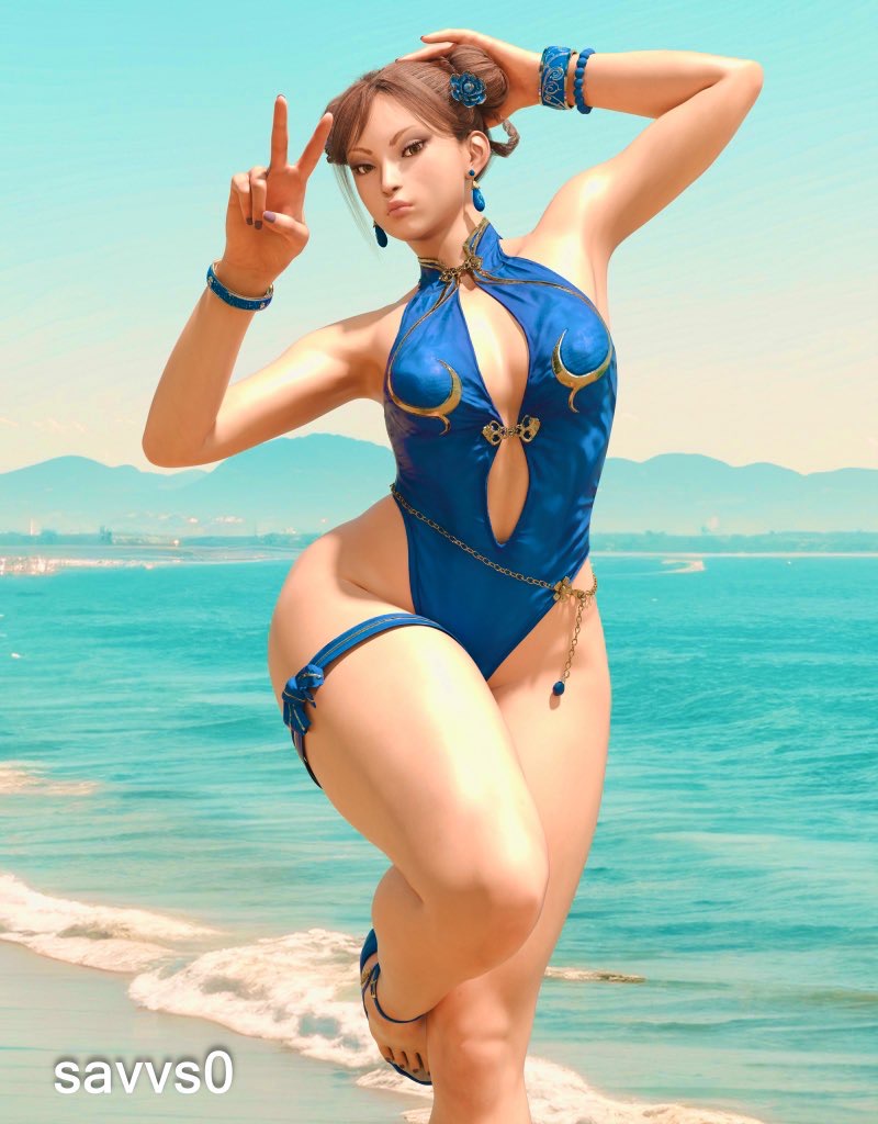 3d, 3d (artwork), 3d model, beach, bikini, brown eyes, chun-li, chun-li (street fighter 6), female, female focus, female only, milf, savvs0, solo female, solo focus, street fighter, street fighter 6, swimsuit, swimwear, thick thighs, thighs, video games