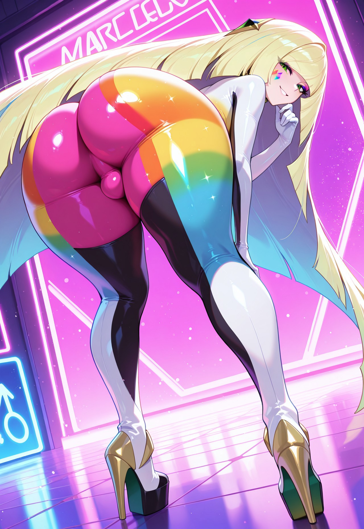 ai generated, alternate version available, ass, benero, bent over, big ass, blonde hair, bodysuit, bulge, crossdressing, femboy, feminine male, genderswap (ftm), girly, indoors, long hair, lusamine (pokemon), male, male lusamine, multicolored bodysuit, neon, pokemon, rule 63, standing, thick thighs, thighs, tight bodysuit, trap