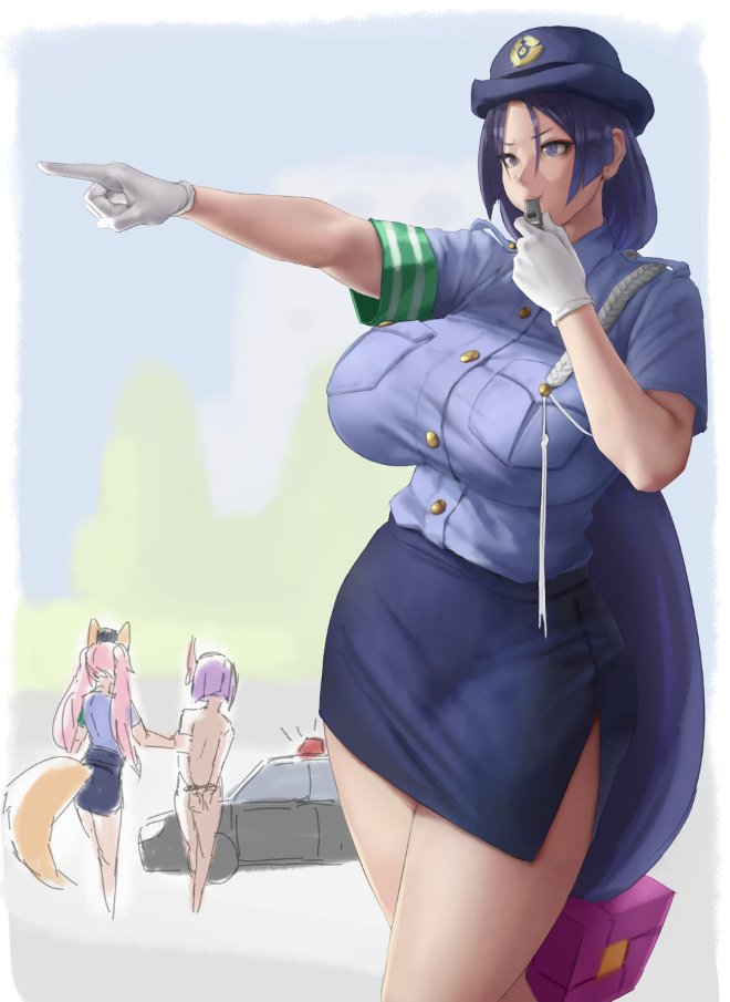 3girls arrested breasts cleavage eu03 fate/grand_order fate_(series) female female_only hat huge_breasts minamoto_no_raikou_(fate) minamoto_no_raikou_(fate/grand_order) only_one_naked pointing police police_uniform shuten_douji_(fate) skirt solo_focus standing whistle