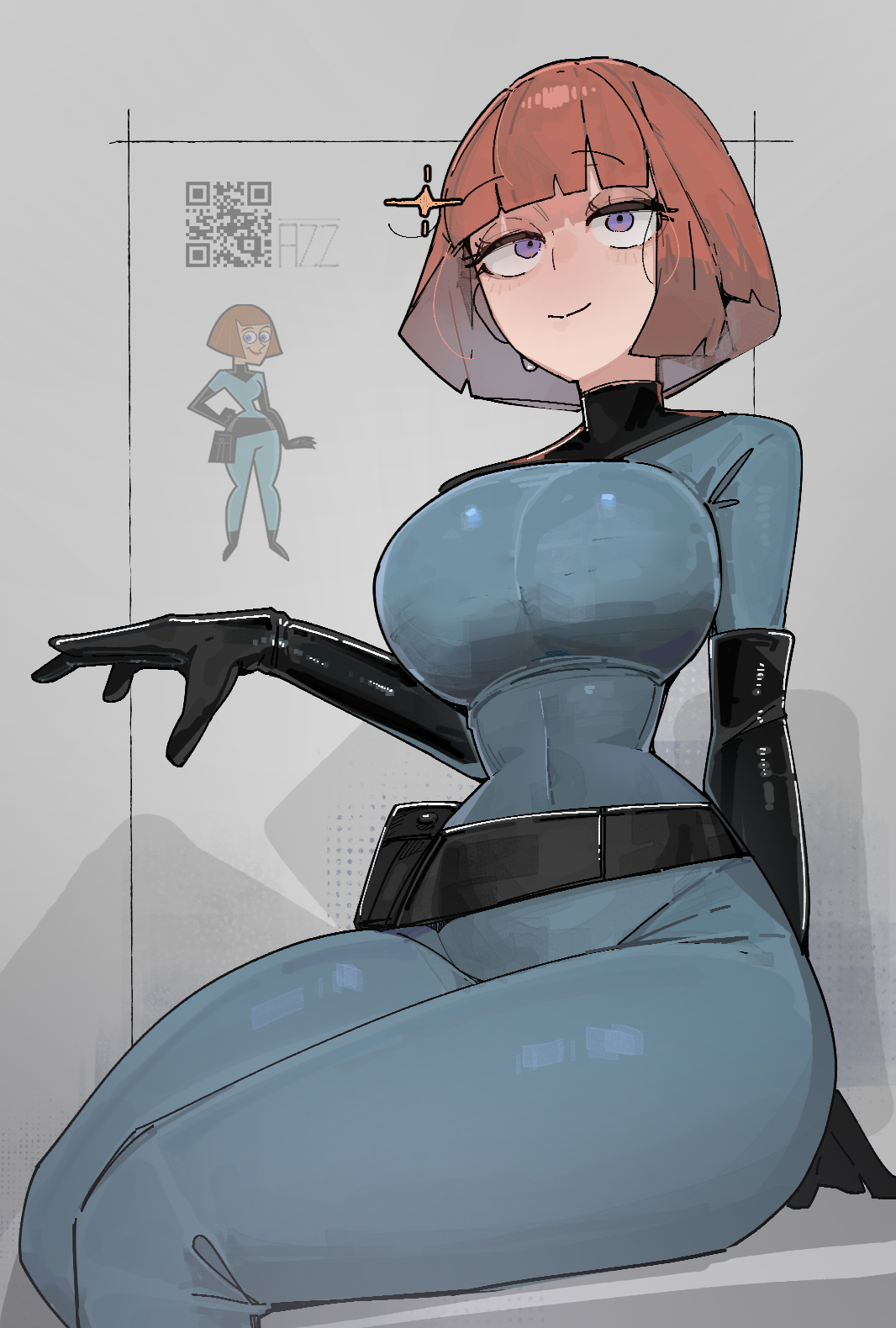 1girls, arm support, azz0422, belt, black belt, black gloves, blue bodysuit, blush, bob cut, bodysuit, breasts, brown hair, commentary, comparison, danny phantom, english commentary, female, gloves, highres, impossible bodysuit, impossible clothes, large breasts, looking at viewer, madeline fenton, mature female, nickelodeon, purple eyes, qr code, reference inset, short hair, sitting, smile, solo, sparkle, wide hips