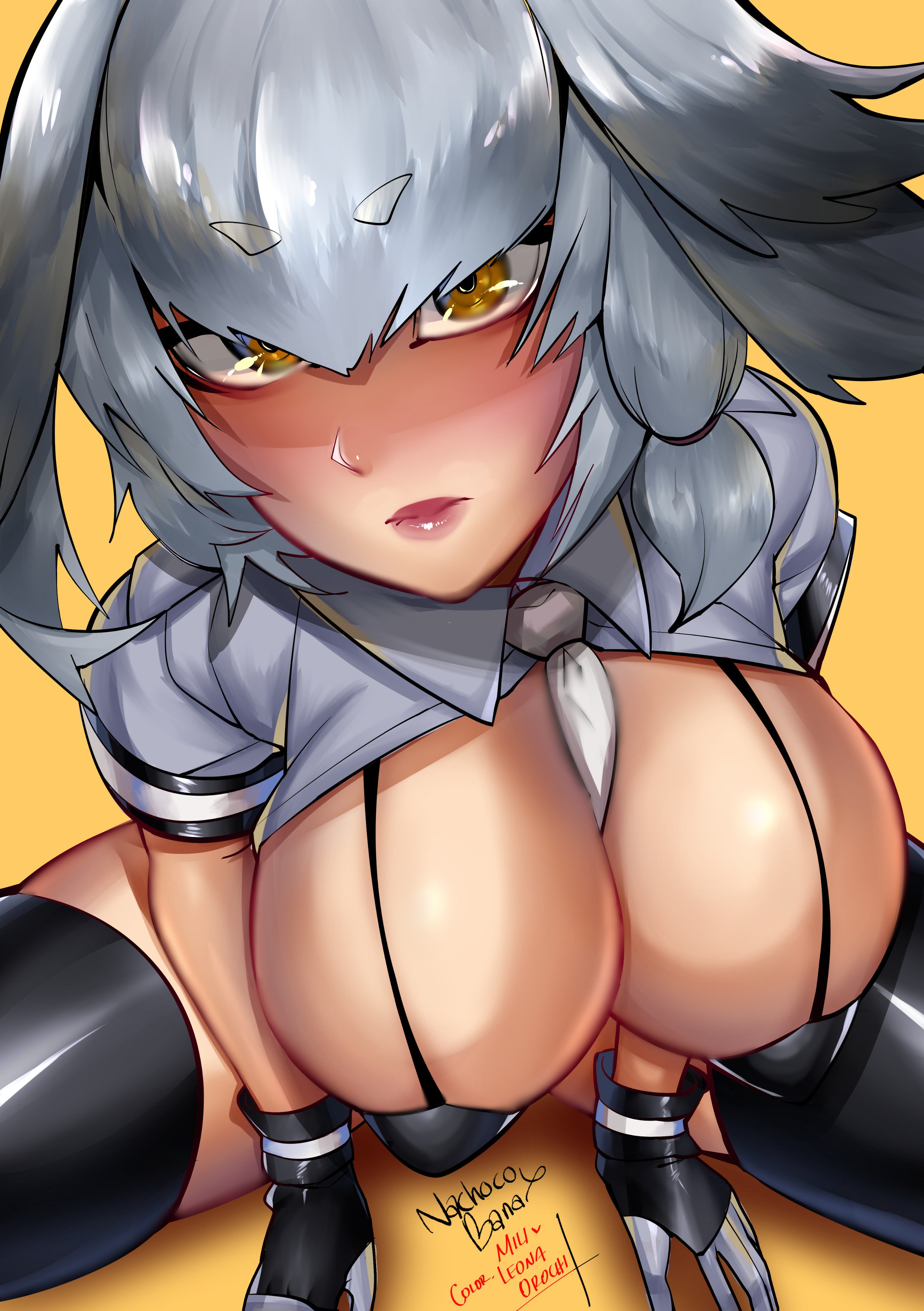 big breasts, blush, breasts, busty, cleavage, eyebrows visible through hair, face focus, female, female focus, female only, fingering, gray hair, grey hair, hanging breasts, kemono friends, large breasts, lipstick, makeup, micro bikini, milileonaorochi, necktie between breasts, orange eyes, pink lipstick, pose, posing, shoebill (kemono friends), short hair, sitting, small eyebrows, solo, spread legs, tagme, thick eyebrows, thigh boots, tie, wide hips