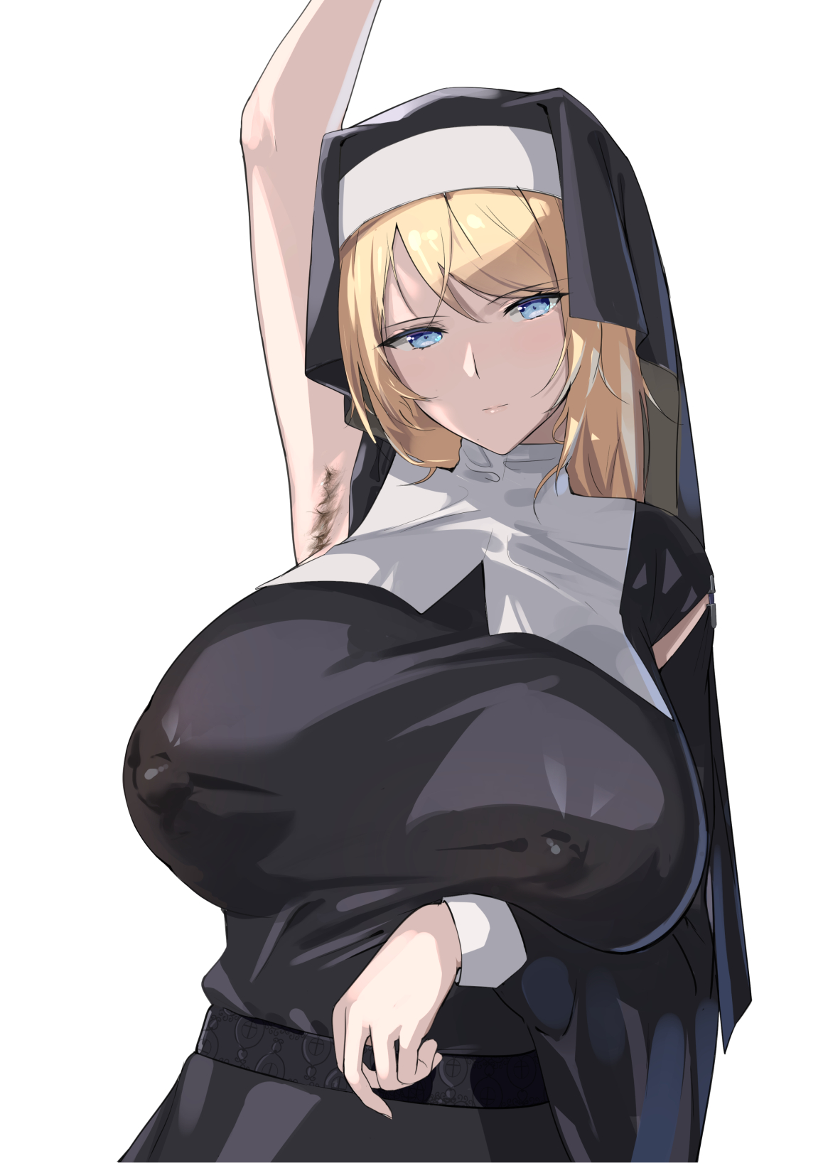 1girls, arm up, armpit fetish, armpit hair, armpits, blonde hair, blue eyes, breasts, clothed, clothed female, expressionless, female, female armpit hair, female only, habit, hi res, huge breasts, large areolae, light skin, light-skinned female, long hair, long-haired female, looking at viewer, nipple bulge, nipples visible through clothing, no bra, nun, nun's habit, original, original character, seitoedaha, simple background, solo, veil
