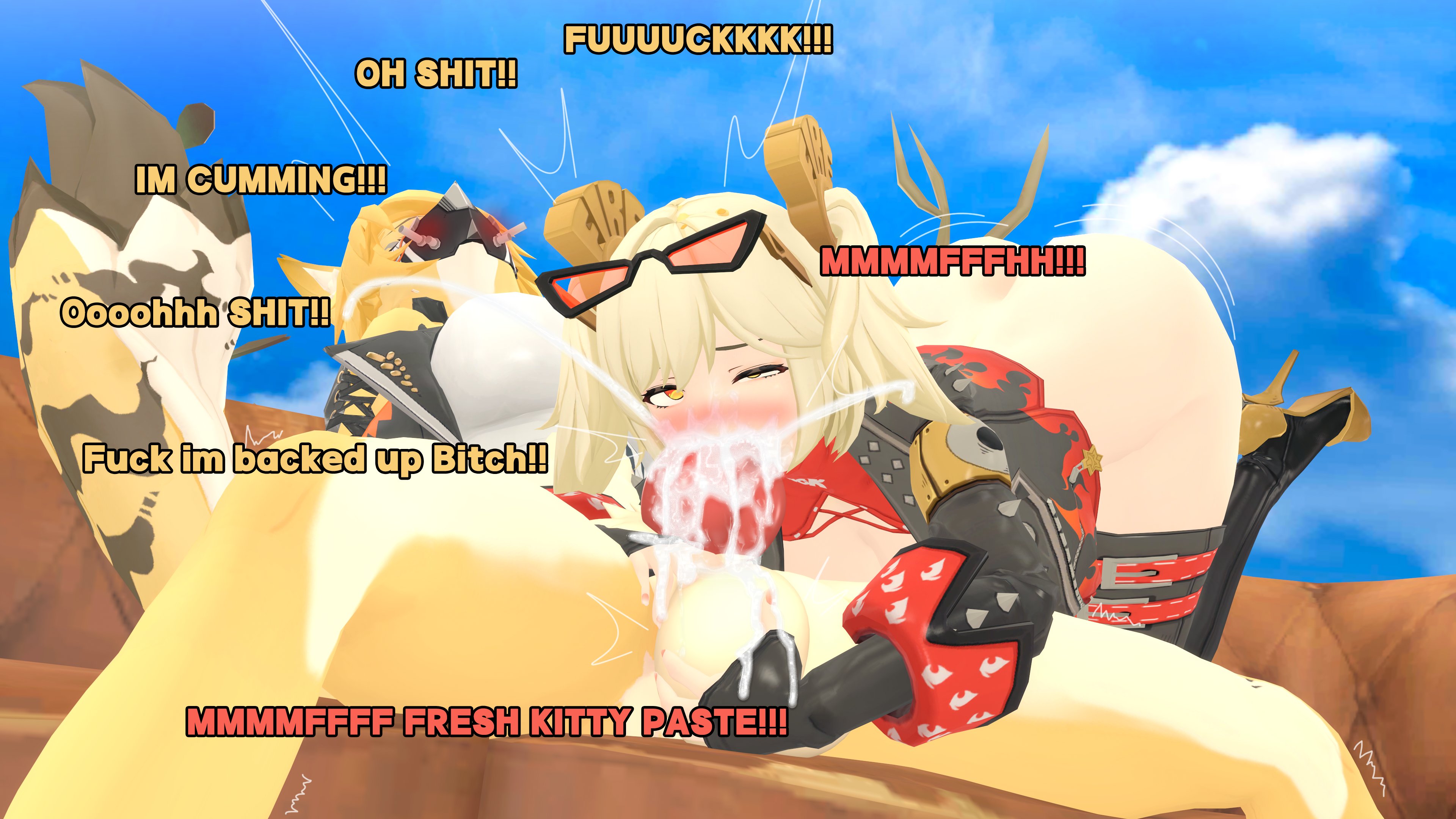 1futa, 1girls, 3d, animal genitalia, anthro, anthro on human, big penis, burnice white, cum, cumming, cumming in mouth, dirty talk, excessive cum, female, furry futa, futa on female, futanari, hoyoverse, huge cock, intersex, light-skinned female, mihoyo, mihoyo technology (shanghai) co. ltd., oral, oral sex, penis, pulchra fellini, sex, text, theboobedone, uncensored, zenless zone zero