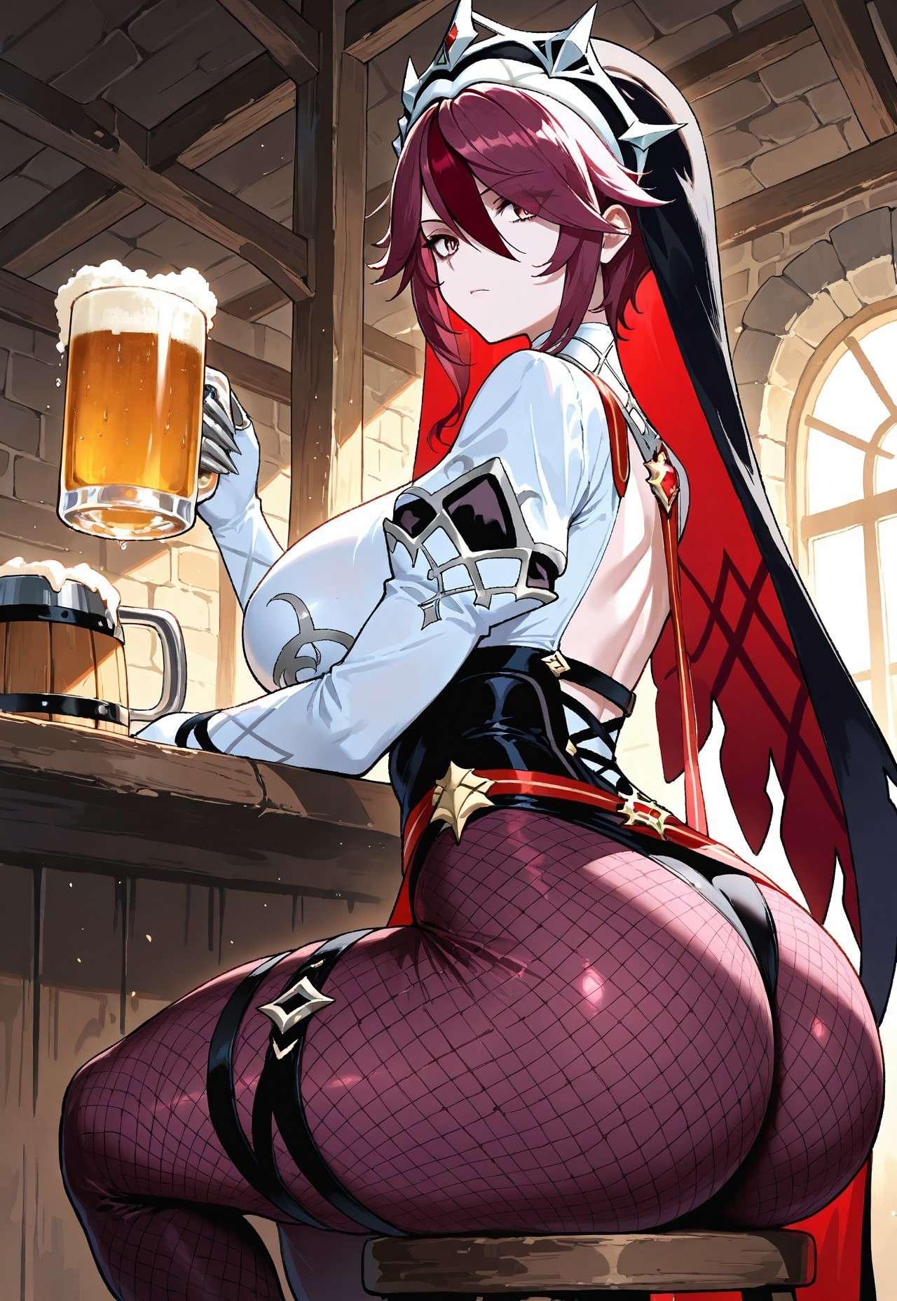1girls, 2d, ai generated, alcohol, ass, ass cheeks, ass focus, back, back view, big ass, big ass cheeks, big breasts, big bubble butt, big butt, big butt cheeks, big buttocks, breasts, bubble butt, butt cheeks, butt focus, buttocks, civitai, clothing, cowboy shot, curvaceous, curvy, curvy female, curvy figure, drinking, fat ass, fat butt, female, female focus, female only, fireandflame, fishnet legwear, fishnet pantyhose, fishnets, from behind, genshin impact, hoyoverse, huge ass, huge breasts, huge butt, indoors, large breasts, light skin, light-skinned female, looking at viewer, mihoyo, mondstadt girls, multicolored clothing, nun, rear view, rosaria (genshin impact), round ass, round butt, self upload, serious, short hair, sideboob, sitting, skin tight, skindentation, slim waist, solo, solo female, tavern, thicc, thick, thick ass, thick butt, thick legs, thick thighs, thigh strap, thighs, thin waist, tight clothes, tight clothing, uncensored, voluptuous, voluptuous female, wide hips